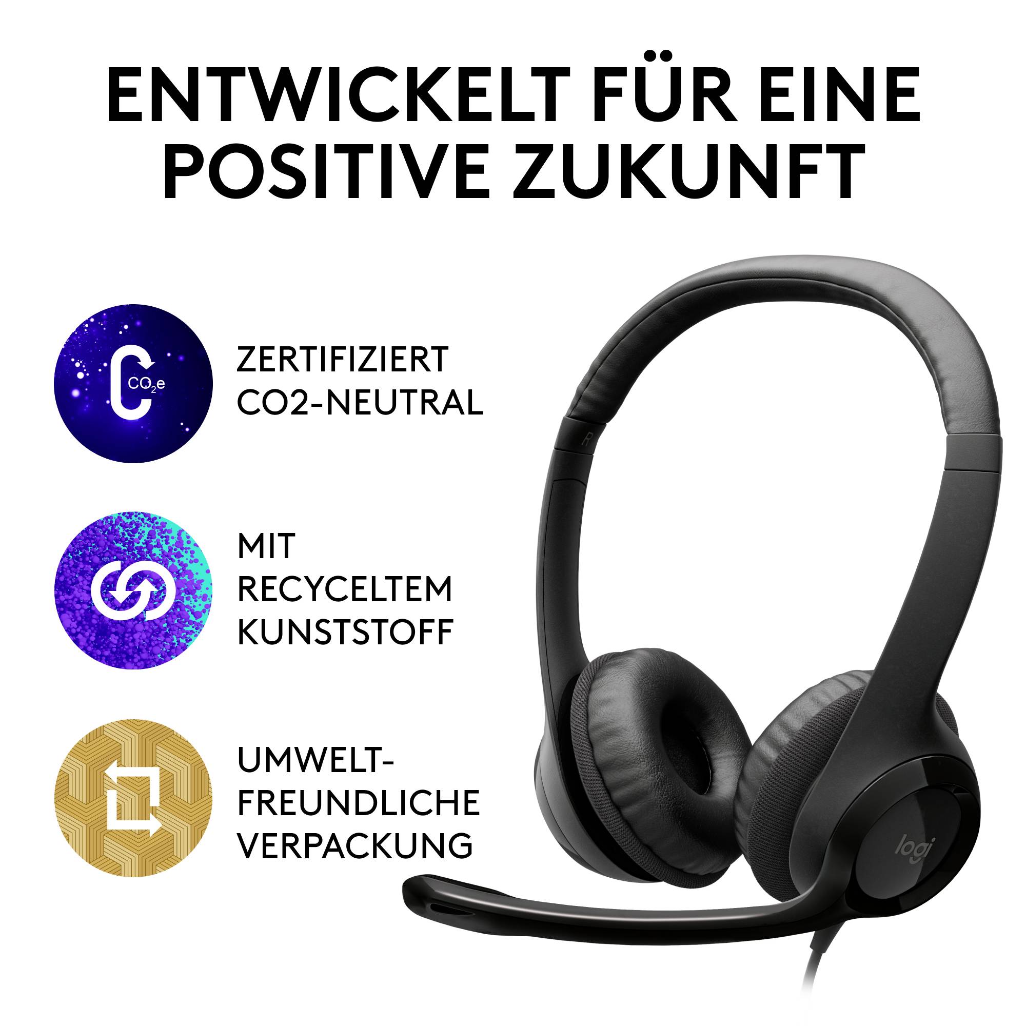 Headset mit Mikrofon und drei Symbolen mit Text: 'Zertifiziert CO2-neutral', 'Mit recyceltem Kunststoff', 'Umweltfreundliche Verpackung'.
