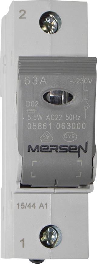 Graue Mersen-Sicherungshalterung mit der Aufschrift: 63A, AC22, 50HZ, 5,5W, 230V.