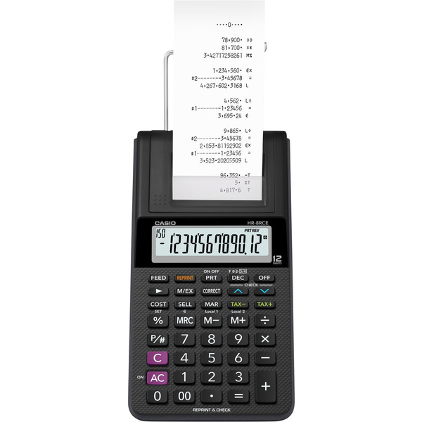 Calculatrice imprimante Casio HR-8RCE noir à pile(s), sur secteur (en option)