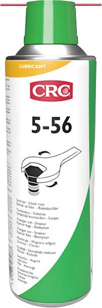 CRC 5-56 Schmierspray in Dose mit grüner Kappe, rotem CRC-Logo und Schraubenschlüssel-Symbol auf weißem und grünem Etikett.