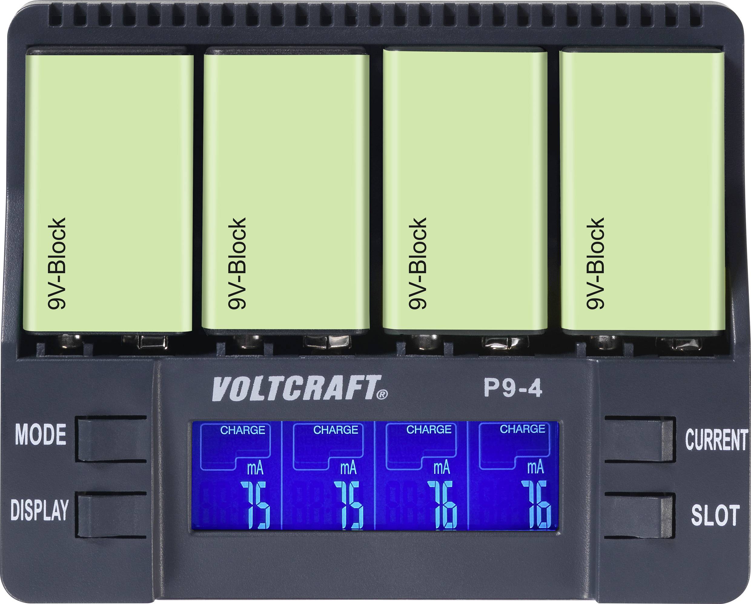 Vier grüne 9V-Batterien im Voltcraft P9-4 Ladegerät. Display zeigt Ladestände von 75 mA bis 76 mA. Modus- und Display-Tasten sichtbar.