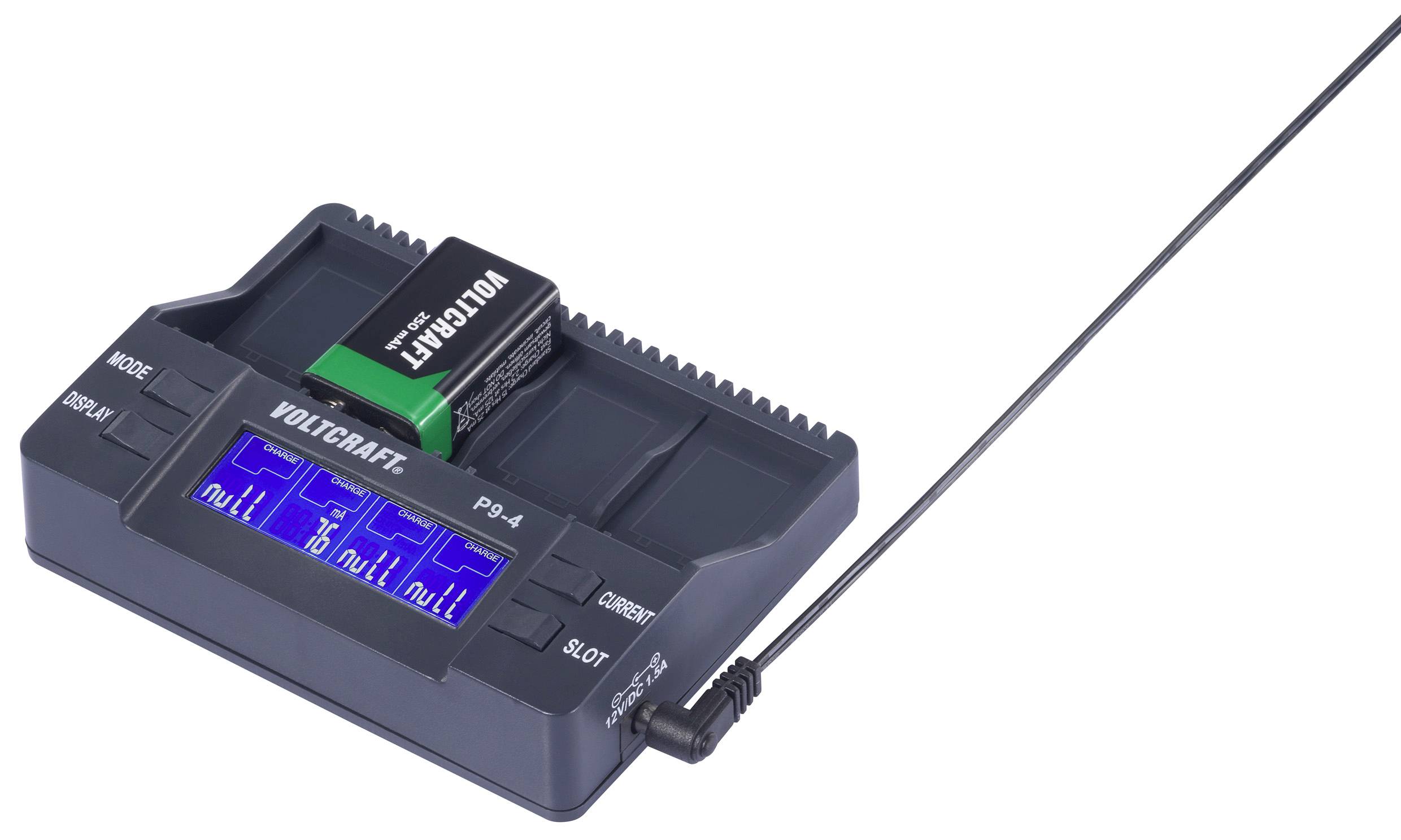 'Alkalibatterie-Tester mit Display, zeigt den Zustand von Sektionen als 'voll' oder 'null', mit abgebildetem 9V Akku.'