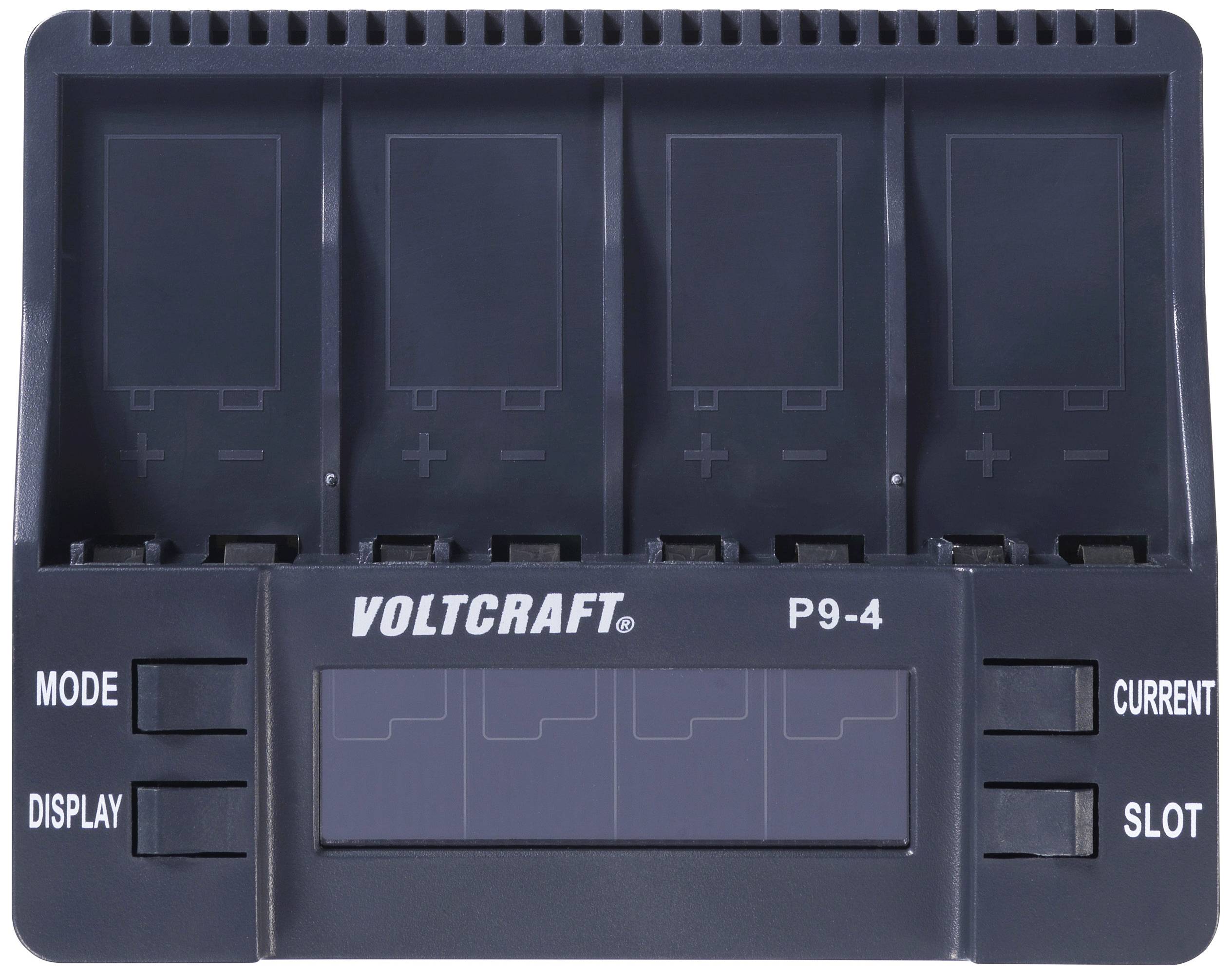 'VOLTCRAFT P9-4' Ladegerät mit vier Steckplätzen, vorderseitige Tastenbedienung für Modus- und Anzeigeoptionen.