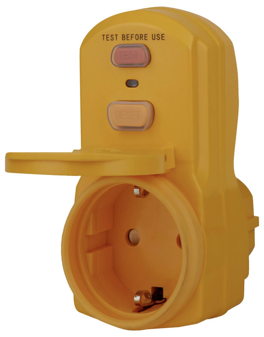 Orange-farbiger Elektrosicherheits-Steckdosenadapter mit der Aufschrift „VOR GEBRAUCH TESTEN