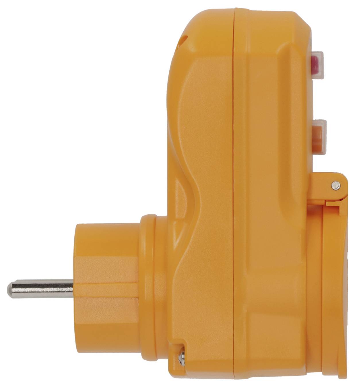 Orange Elektrogerät zum Einstecken mit Metallzacke, in Seitenansicht auf weißem Hintergrund gezeigt.