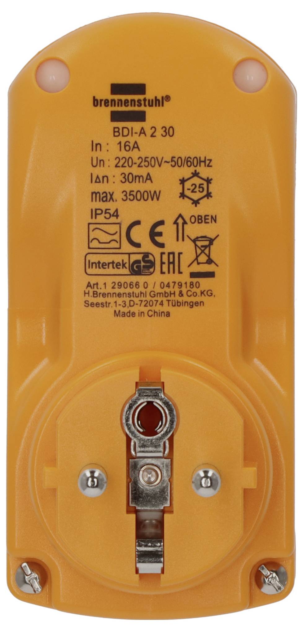 Orangener Brennenstuhl Steckdosenadapter zum Einstecken mit Sicherheitsetiketten, 16A, 230V, IP54 und sichtbarem Schutzleiter an der Vorderseite.