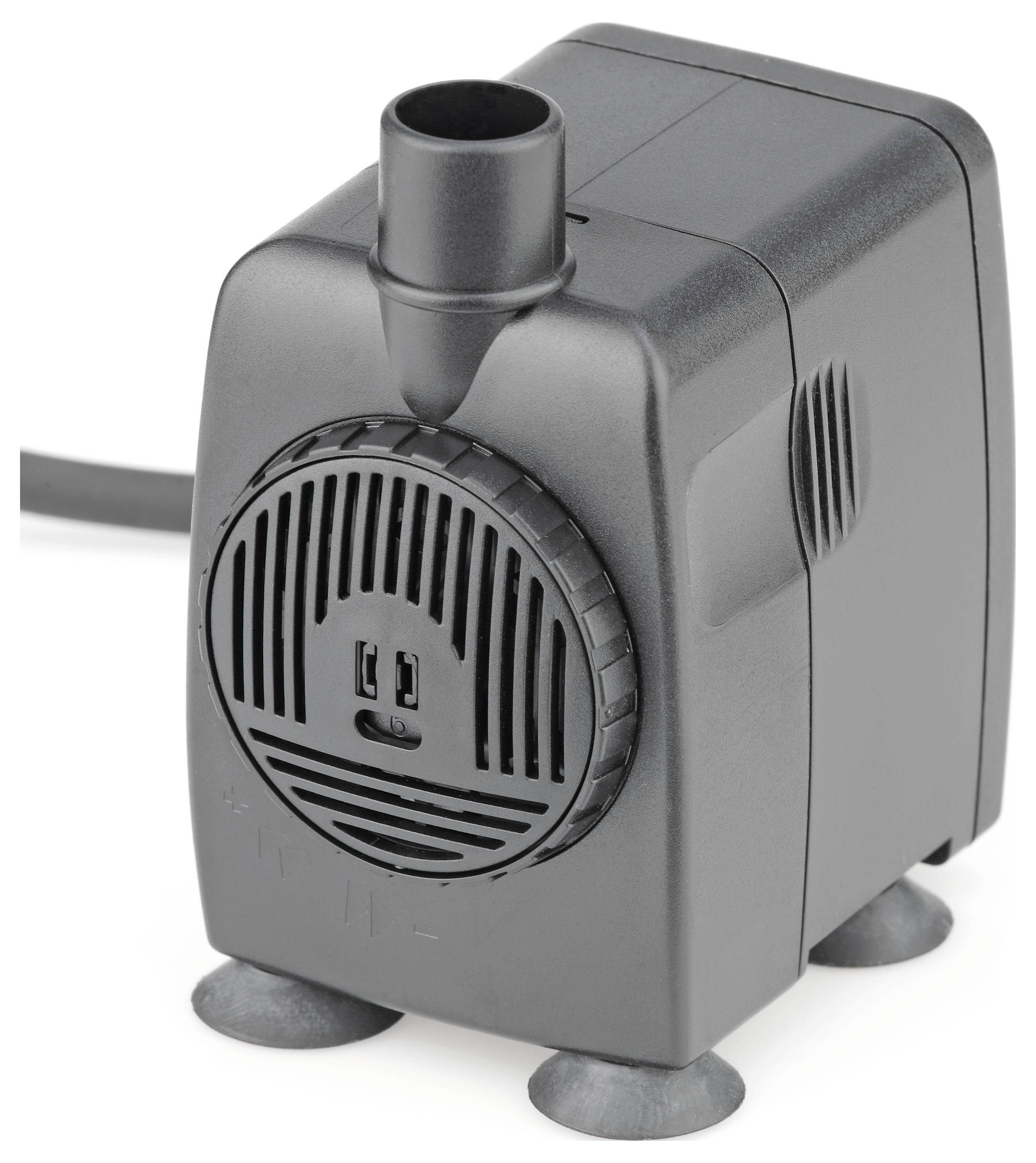 Eine kleine, elektrische Wasserpumpe mit Saugnapfsockel, die an ihrer Basis angebracht sind, mit einem kreisförmigen Ansaugventil an der Vorderseite.