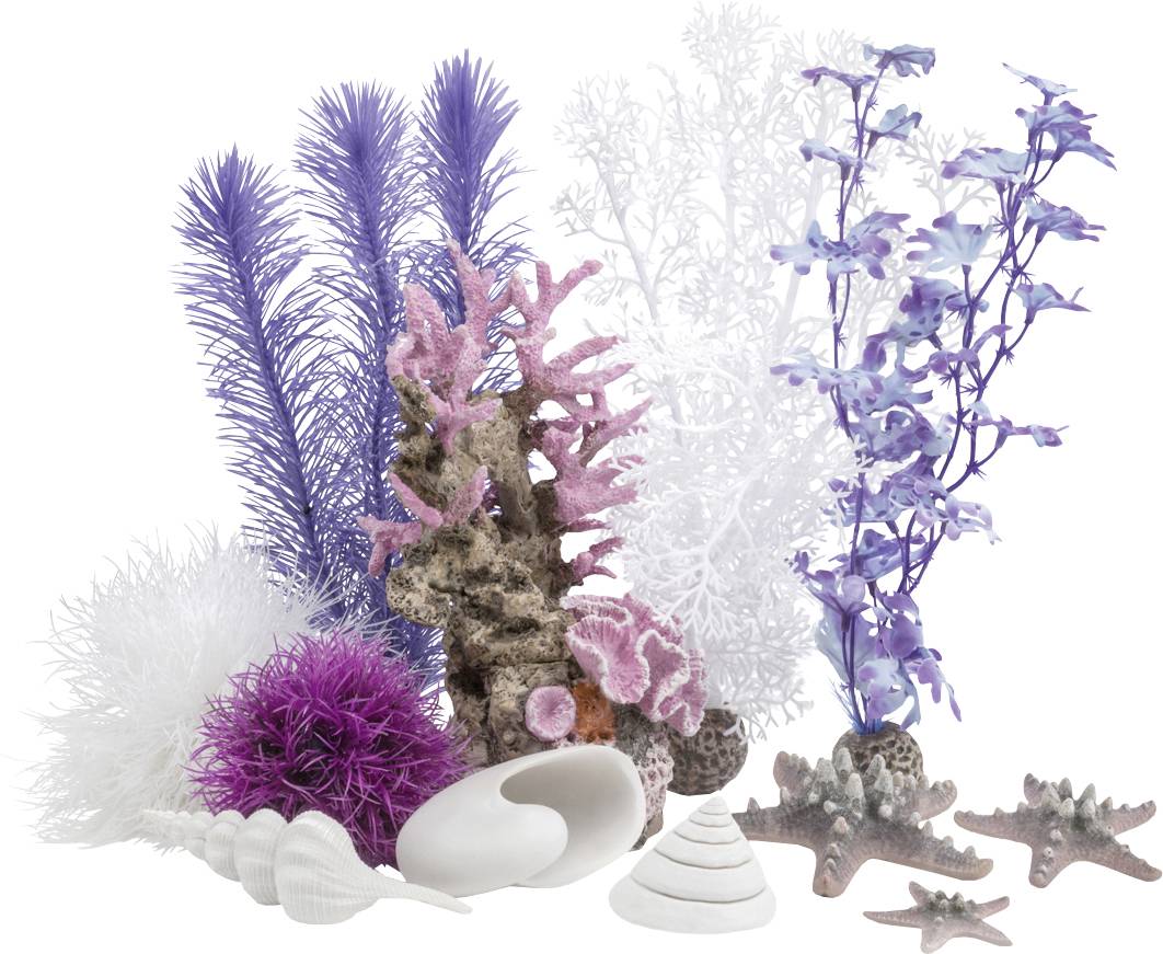 Farbenfrohes künstliches Korallen- und Seepflanzenensemble in Violett-, Pink- und Weißtönen, zusammen mit weißen Muscheln und Seesternen, dekorativ angeordnet.