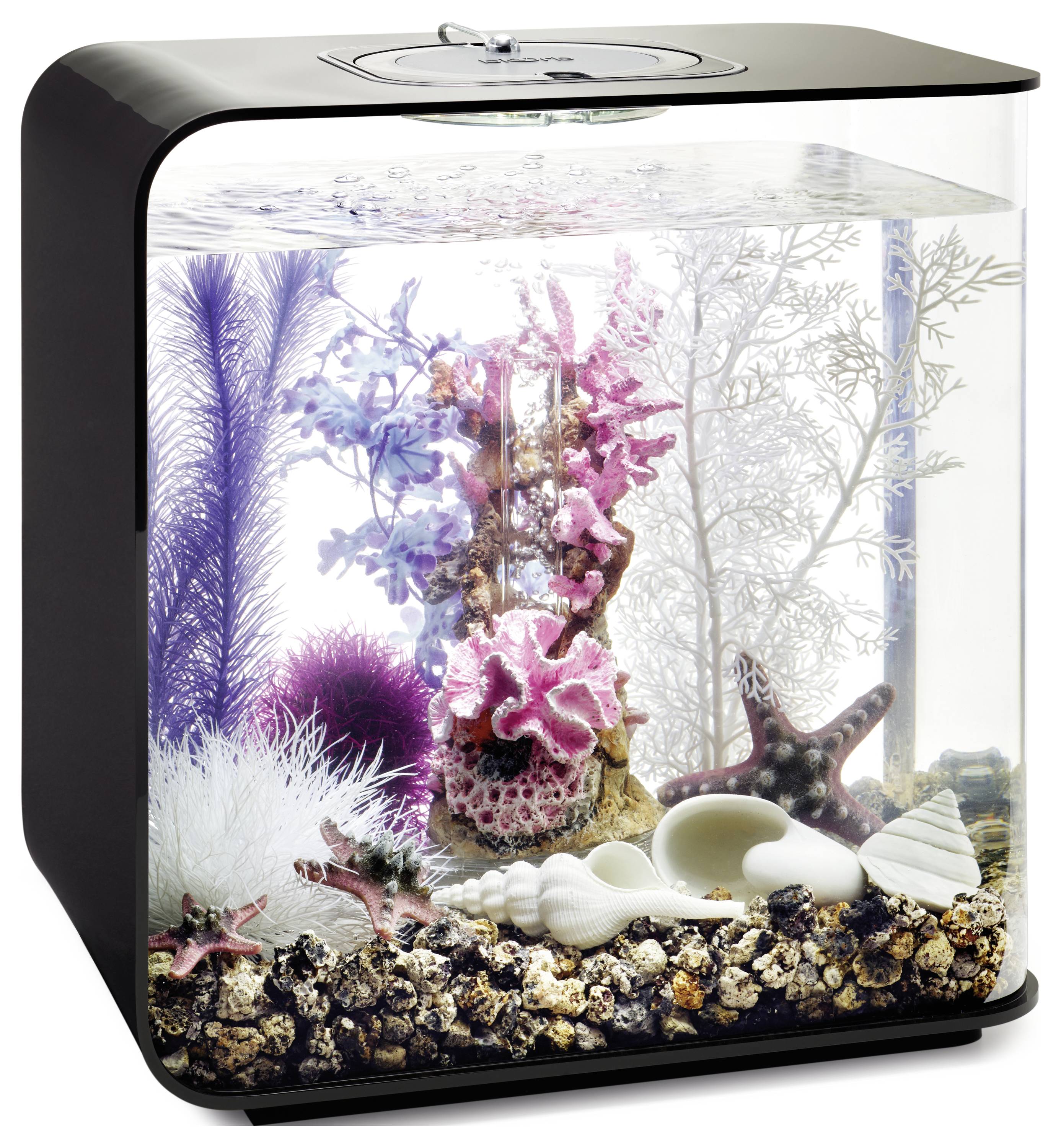 Ein schlankes, modernes Aquarium mit Korallen, Muscheln und künstlichen Pflanzen in lebendigen Pink-, Lila- und Weißtönen, das eine belebte Unterwasserszene erschafft.