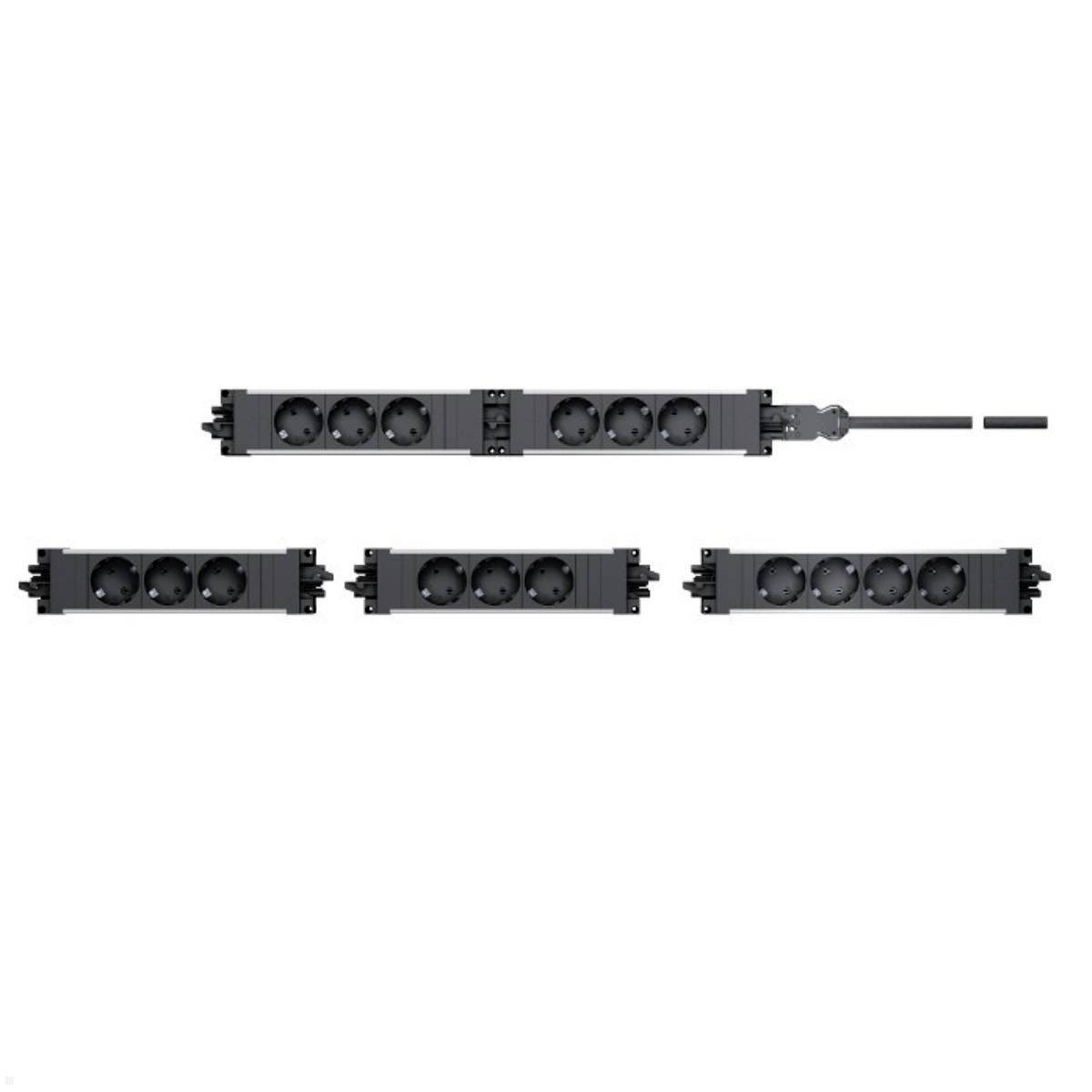 Schwarze Mehrfachsteckdosen mit jeweils fünf Steckplätzen und einem Ein-/Ausschalter, zentral und mehrfach verbunden.