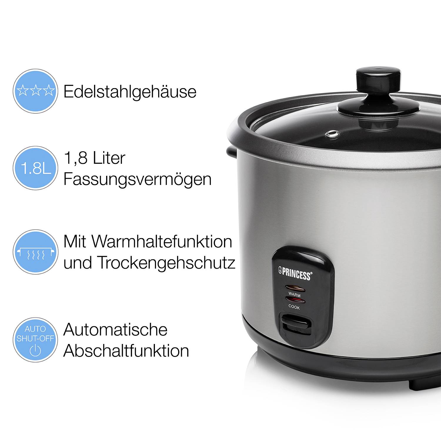 Reiskocher mit Edelstahlgehäuse und 1,8 Liter Fassungsvermögen. Ausstattung: Warmhaltefunktion, Trockengehschutz, automatische Abschaltung.