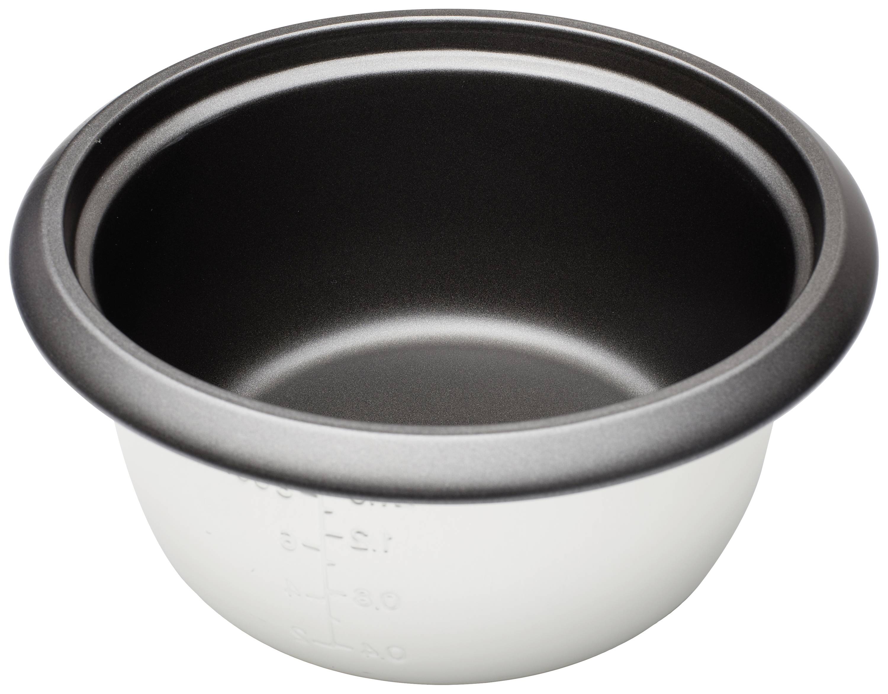 Ein schwarzer, runder Kochtopf mit Maßangaben an der Außenseite.
