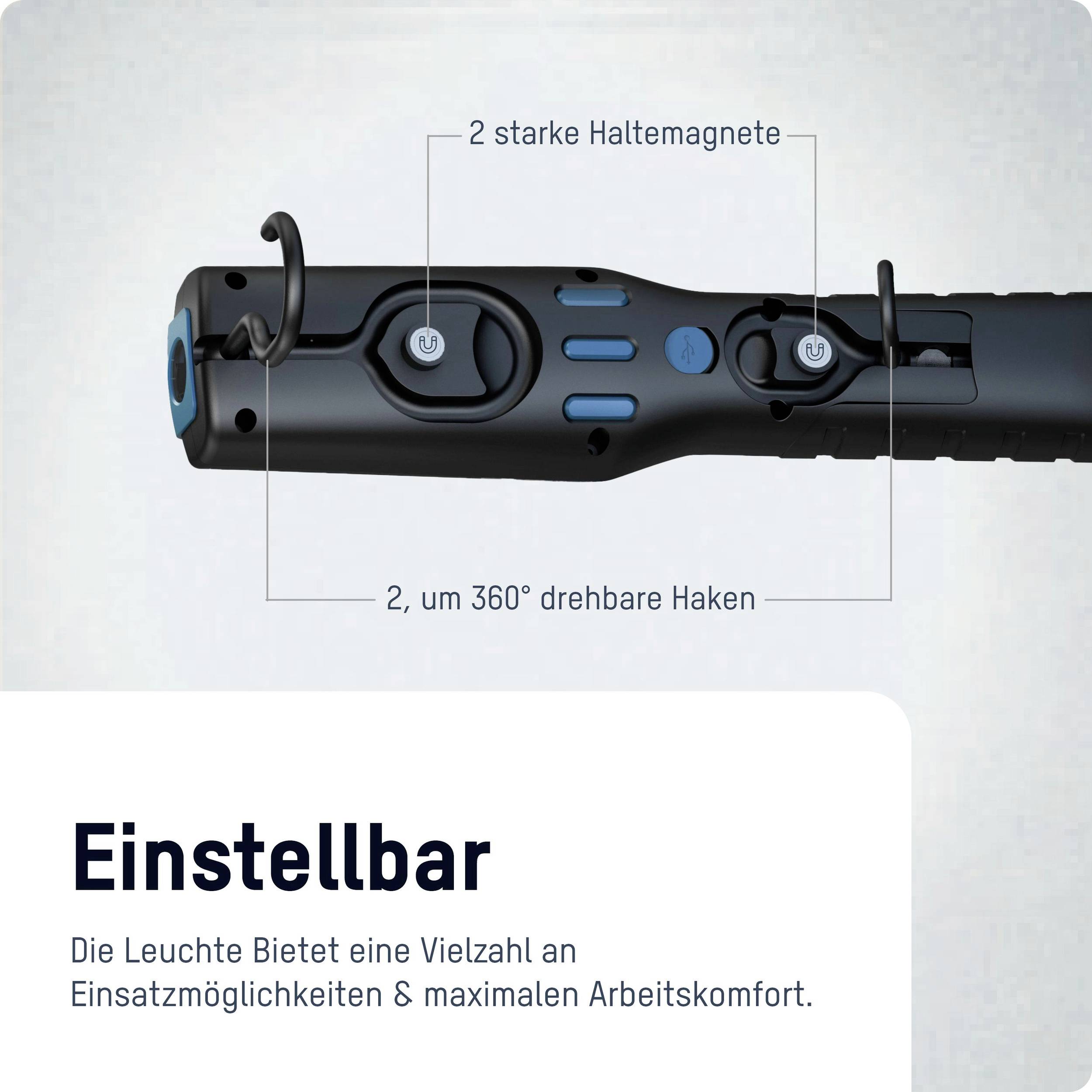 Ein Werkzeug mit 2 starken Haltemagneten und einem um 360° drehbaren Haken. Text unten: 'Einstellbar' betont Vielseitigkeit.