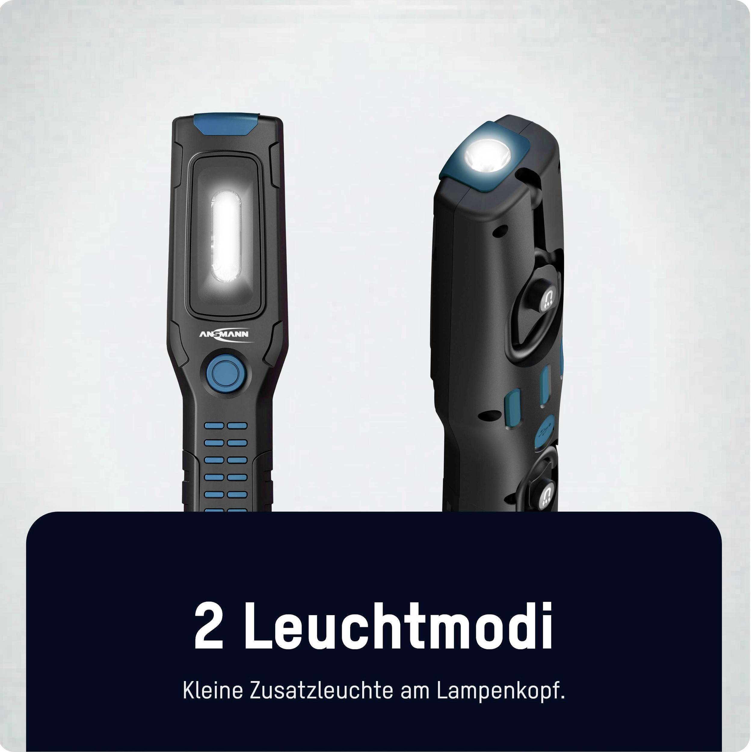LED-Taschenlampe mit zwei Leuchtmodi. Zusätzliche Leuchte am Lampenkopf. Abgebildet in Frontal- und Seitenansicht.