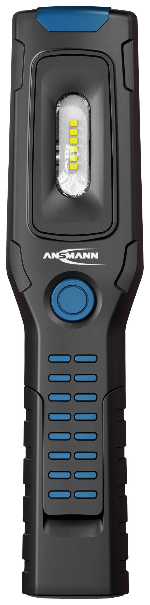 Schwarze Taschenlampe mit blauem Knopf und LED-Leuchten von der Marke 'Ansmann'.