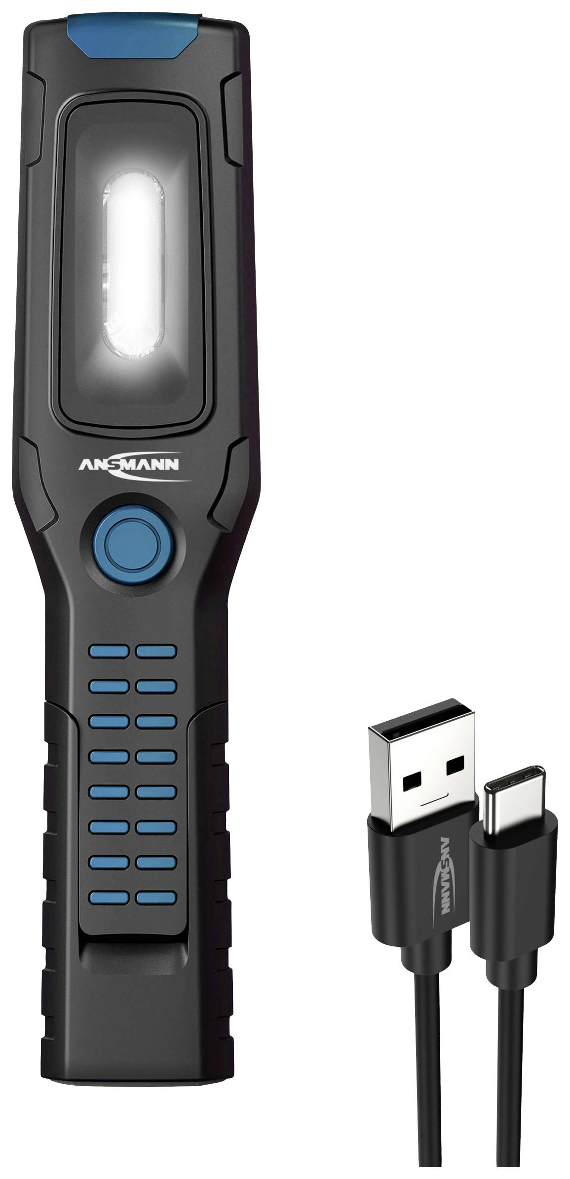 Schwarze LED-Arbeitslampe mit blauem Akzent, vertikal ausgerichtet. Enthält ein USB-C-Ladekabel, geeignet für Werkstatt oder Auto.