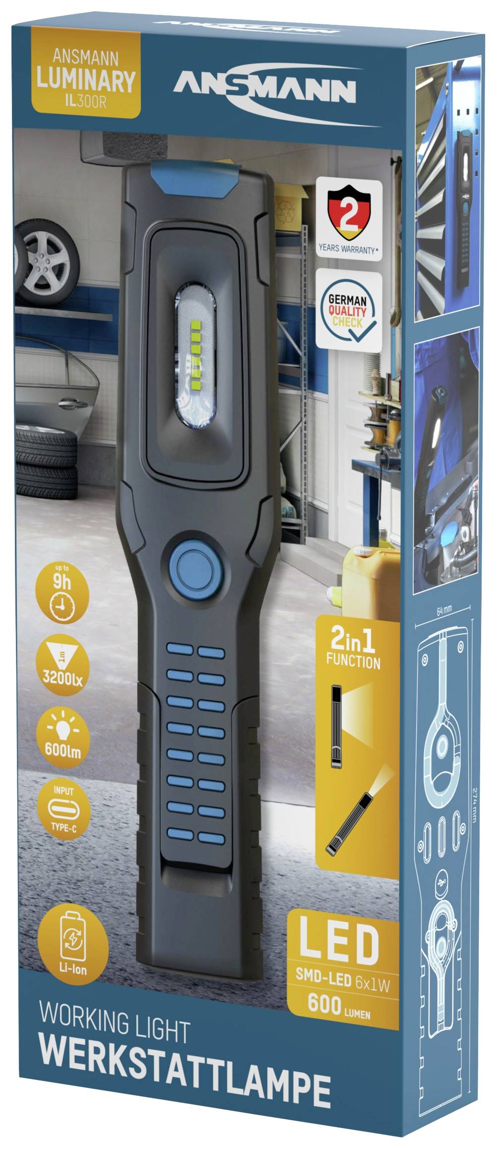'Ansmann Werkstattlampe' in blauer Verpackung mit LED-Daten: 600 Lumen, 5W, 2in1 Funktion. Für Werkstätten und Garagen empfohlen.