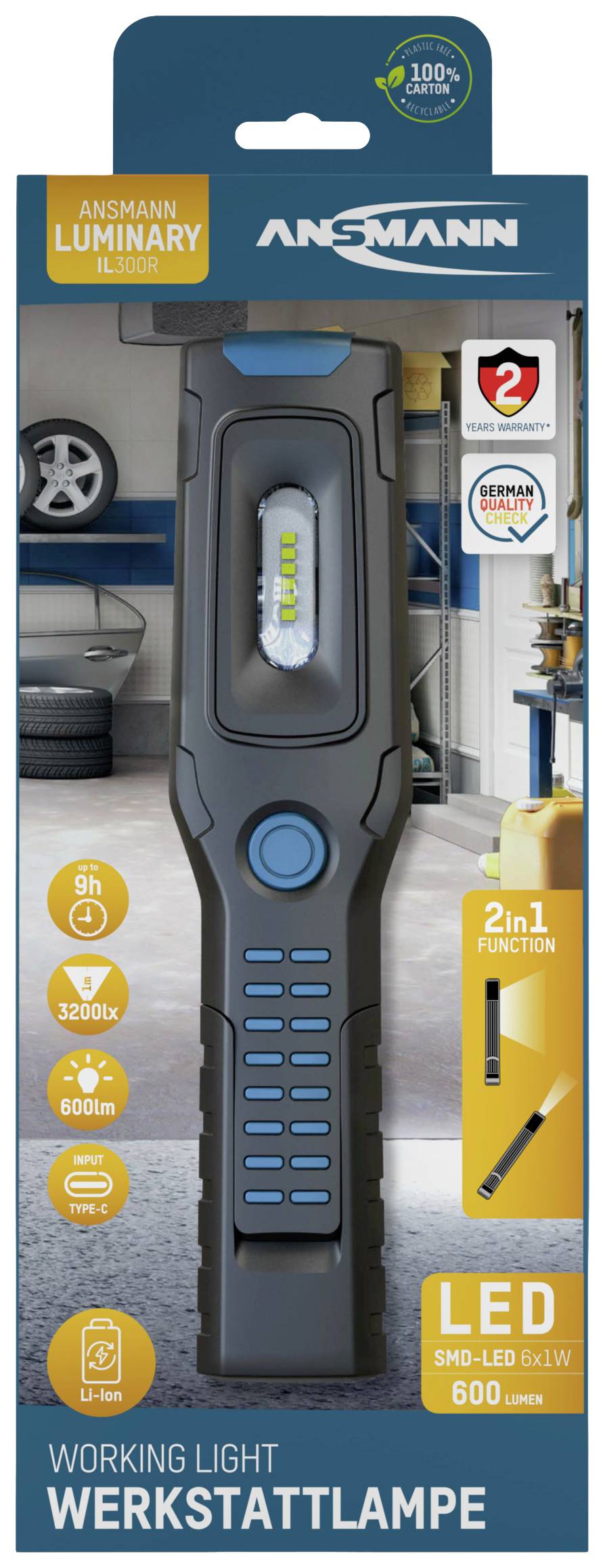 Eine Packung einer LED-Werkstattlampe mit 600 Lumen. Aufgedruckte Icons zeigen Funktionen: 9 Stunden Leuchtdauer, 3200 Kelvin, 2-in-1-Funktion.
