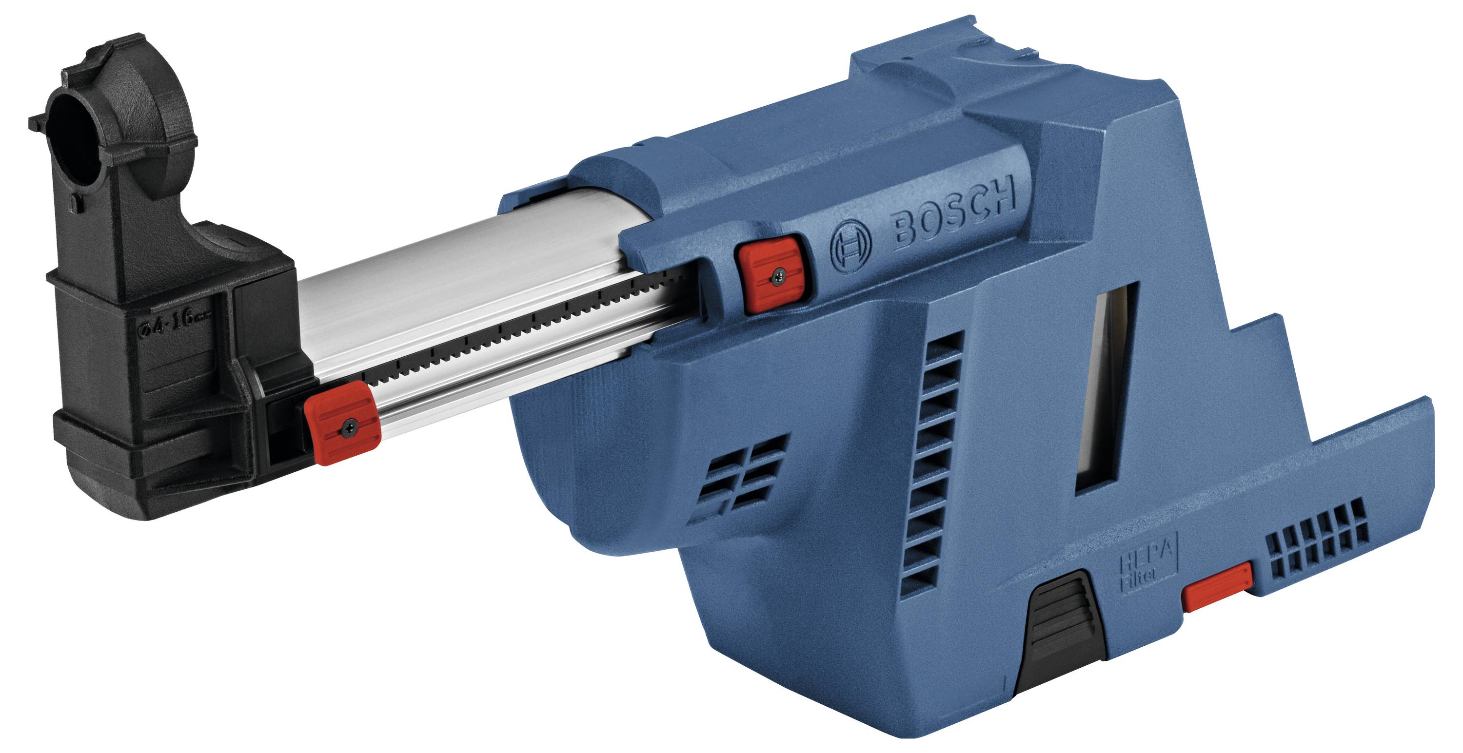 Bohrstaubabsaugungssystem in blau, passend für Bohrhammer, markiert mit Bosch Logo. Erfasst Staub beim Bohren, minimiert Verschmutzung.