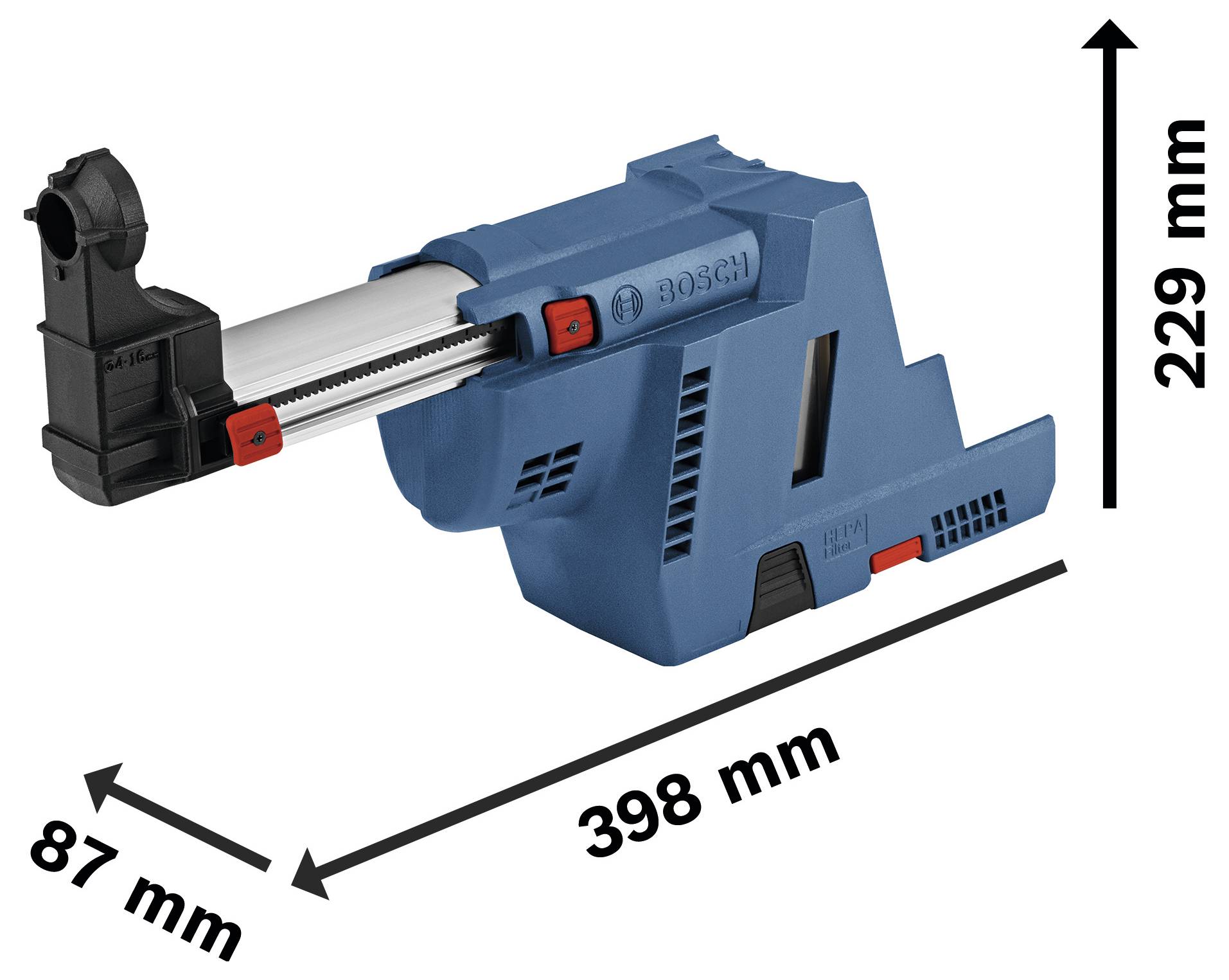 Entstaubungsaufsatz mit den Maßen 398 mm Länge, 87 mm Breite, und 229 mm Höhe. Geeignet für elektrische Werkzeuge zum effizienten Staubsammeln.