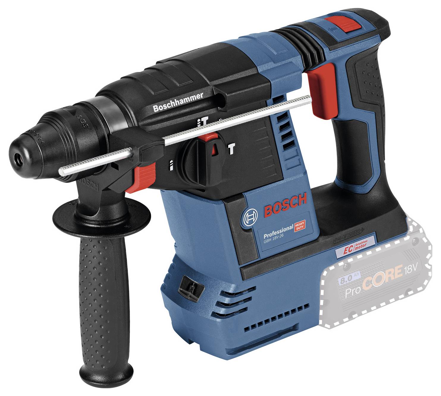 Ein blauer Bosch-Akkubohrhammer mit schwarzem Griff und rotem Akzent. Batteriebetrieben und für professionelle Anwendungen gedacht.
