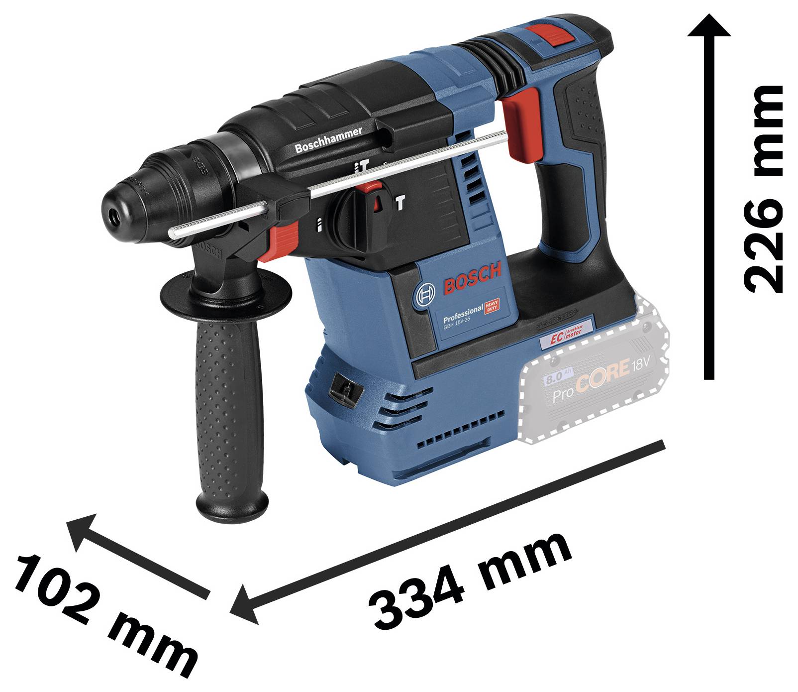Akkubohrhammer, Bosch, blau-rot, mit Griff links und Längenangaben. Maße: 334 mm Länge, 226 mm Höhe, 102 mm Tiefe.