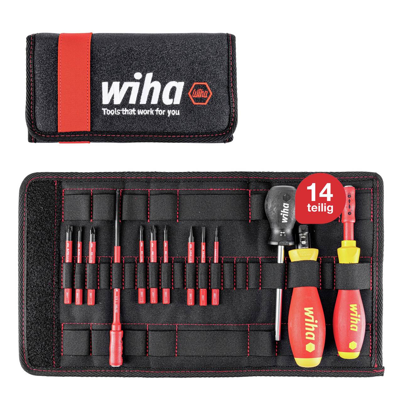 Werkzeug-Set mit 14 Teilen. Enthält Schraubendreher und Bits in einem schwarzen Etui mit rotem Akzent. Markenname 'Wiha'.