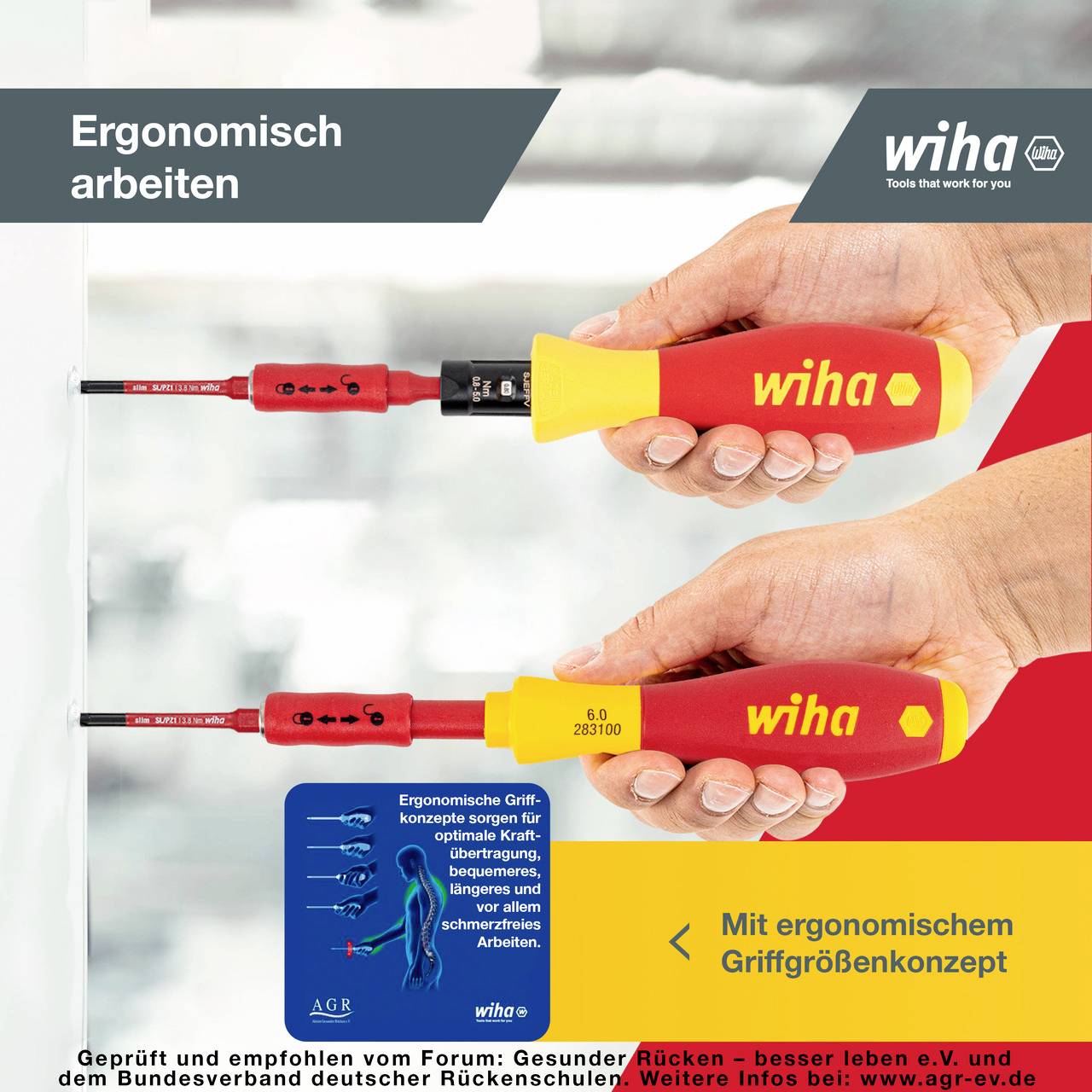 'Ergonomisch arbeiten' zeigt eine Hand, die einen Schraubendreher hält, mit Text über ein ergonomisches Griffgrößenkonzept.