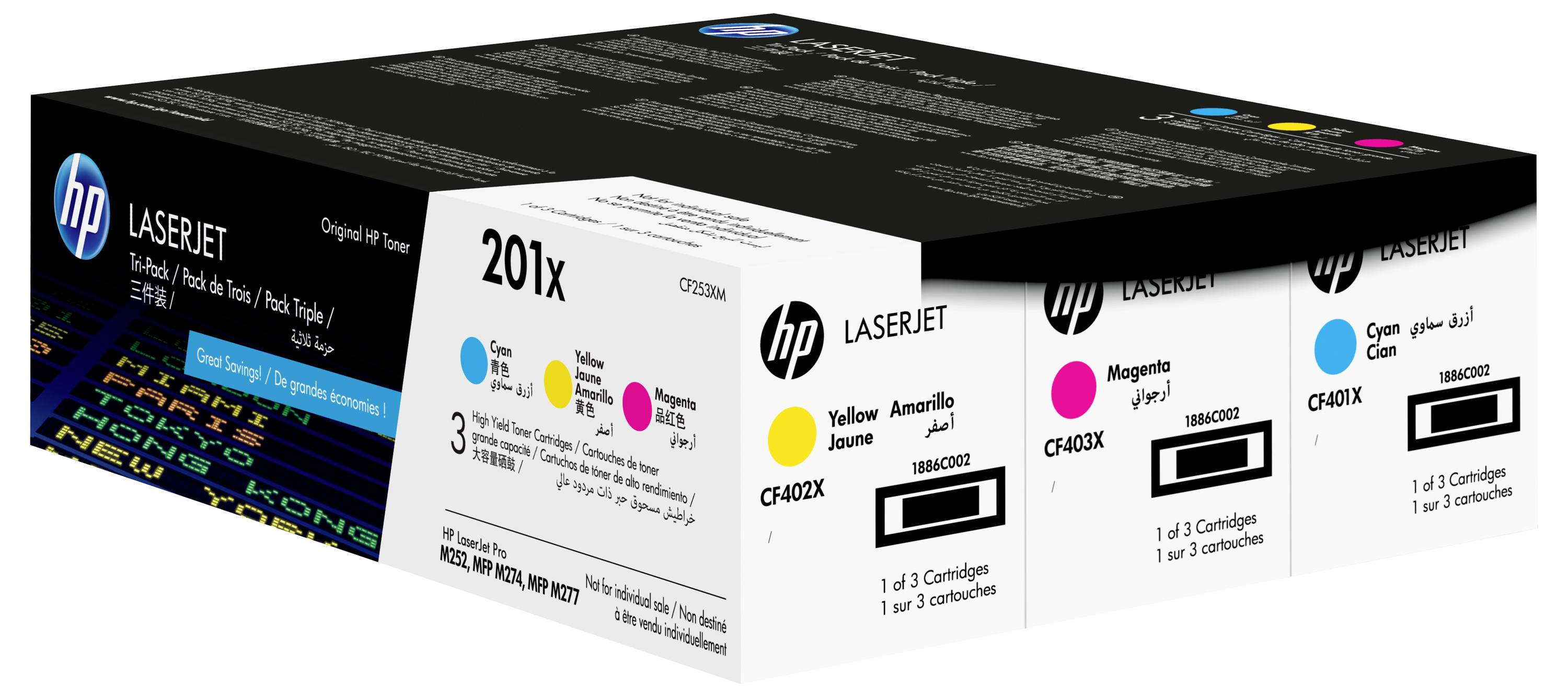 HP LaserJet Tintenpatronen-Box mit schwarzer, cyan-, gelb- und magentafarbener Patronenverpackung für das Modell CF400X Serie.