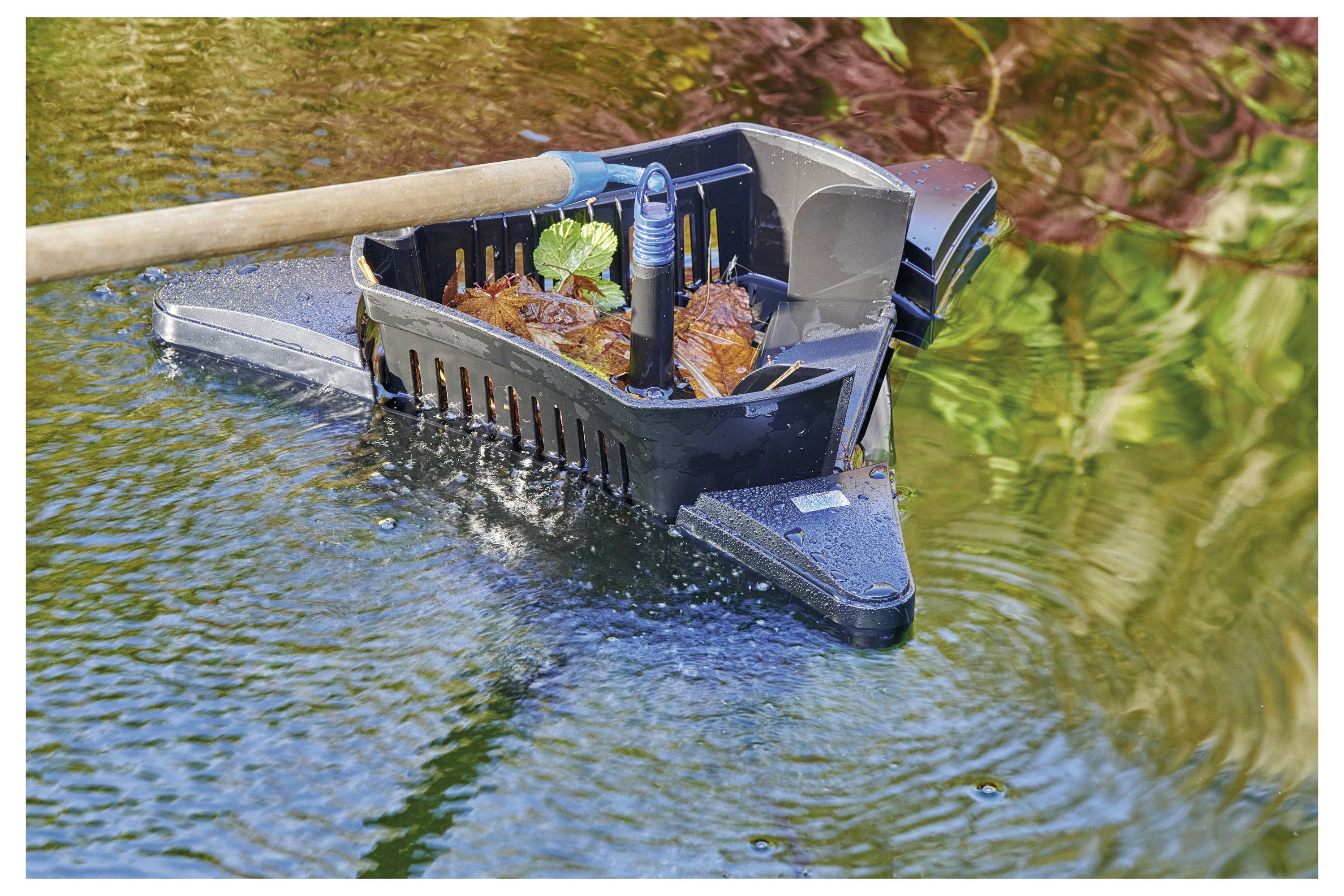 Ein langstieliger Kescher sammelt gefallene Blätter und Ablagerungen aus einem Gartentümpel, wobei die Spiegelung der umgebenden Vegetation im Wasser zu sehen ist.