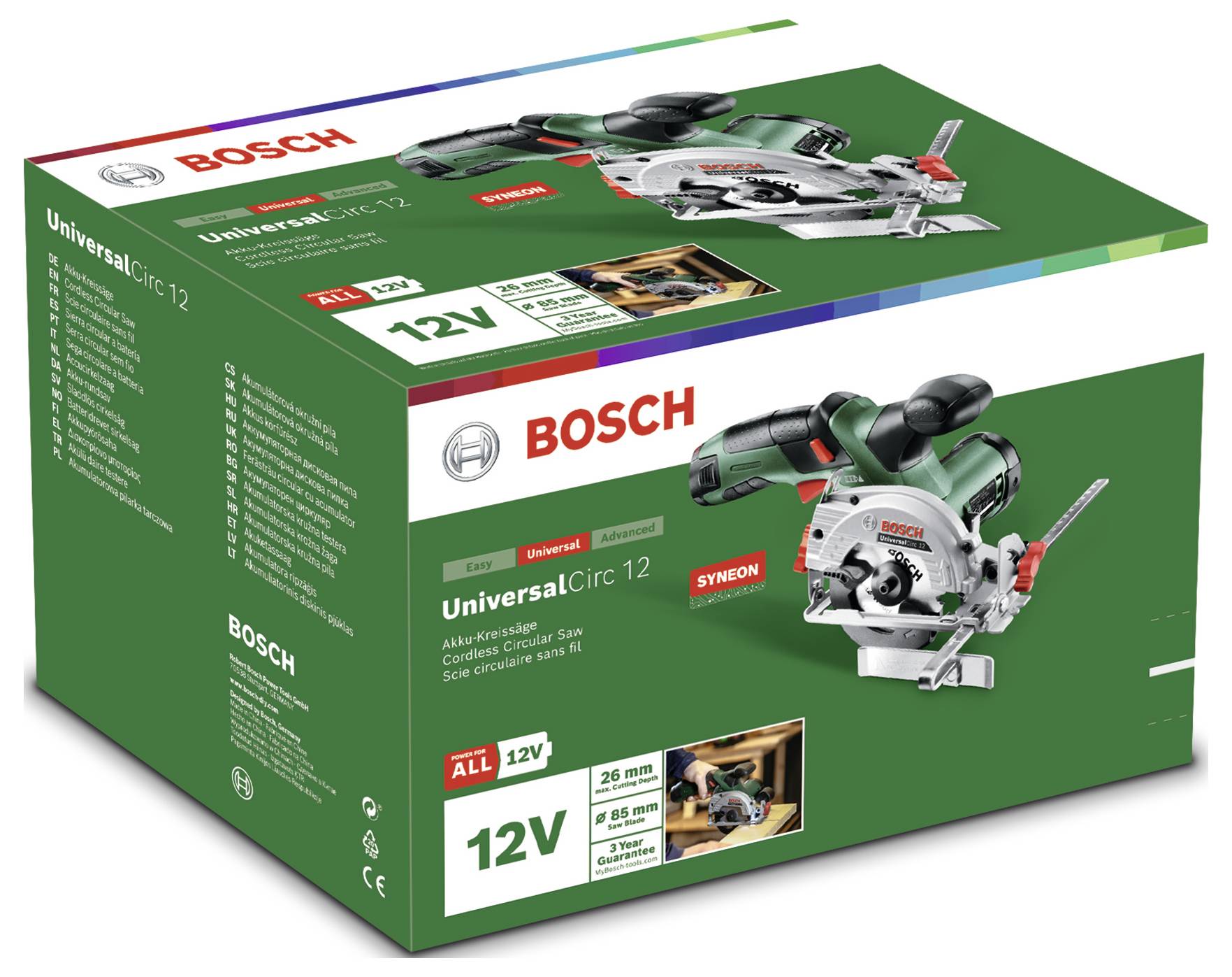 Verpackung einer Bosch UniversalCirc 12 Handkreissäge. Zeigt Produktbild, Markenlogo, Produktspezifikationen und 12V Akku-Hinweis.