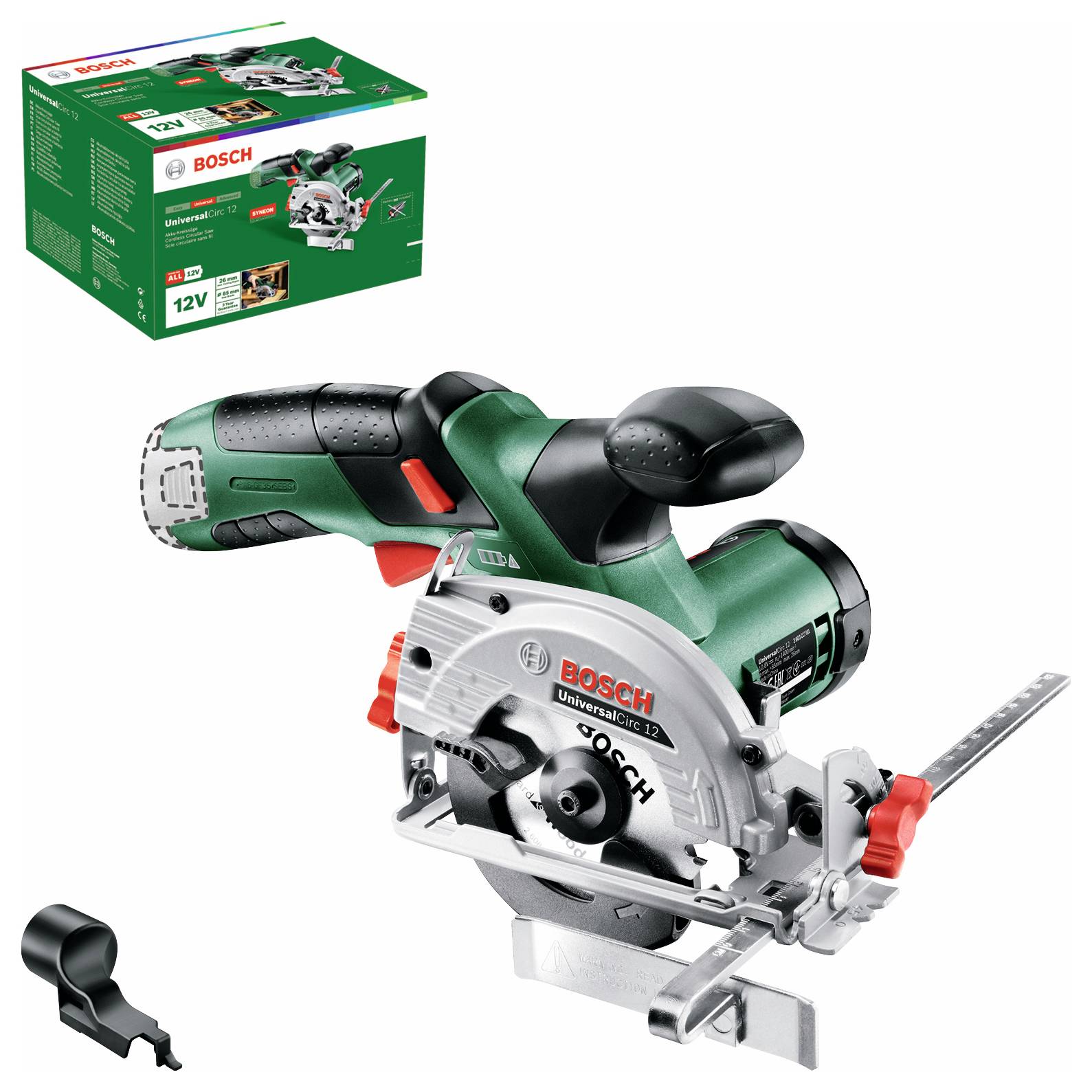 Bosch UniversalCirc 12V Kreissäge mit Akkupack und Ladegerät, kompakte, grüne Säge mit ergonomischem Griff, für Heimwerkerprojekte.