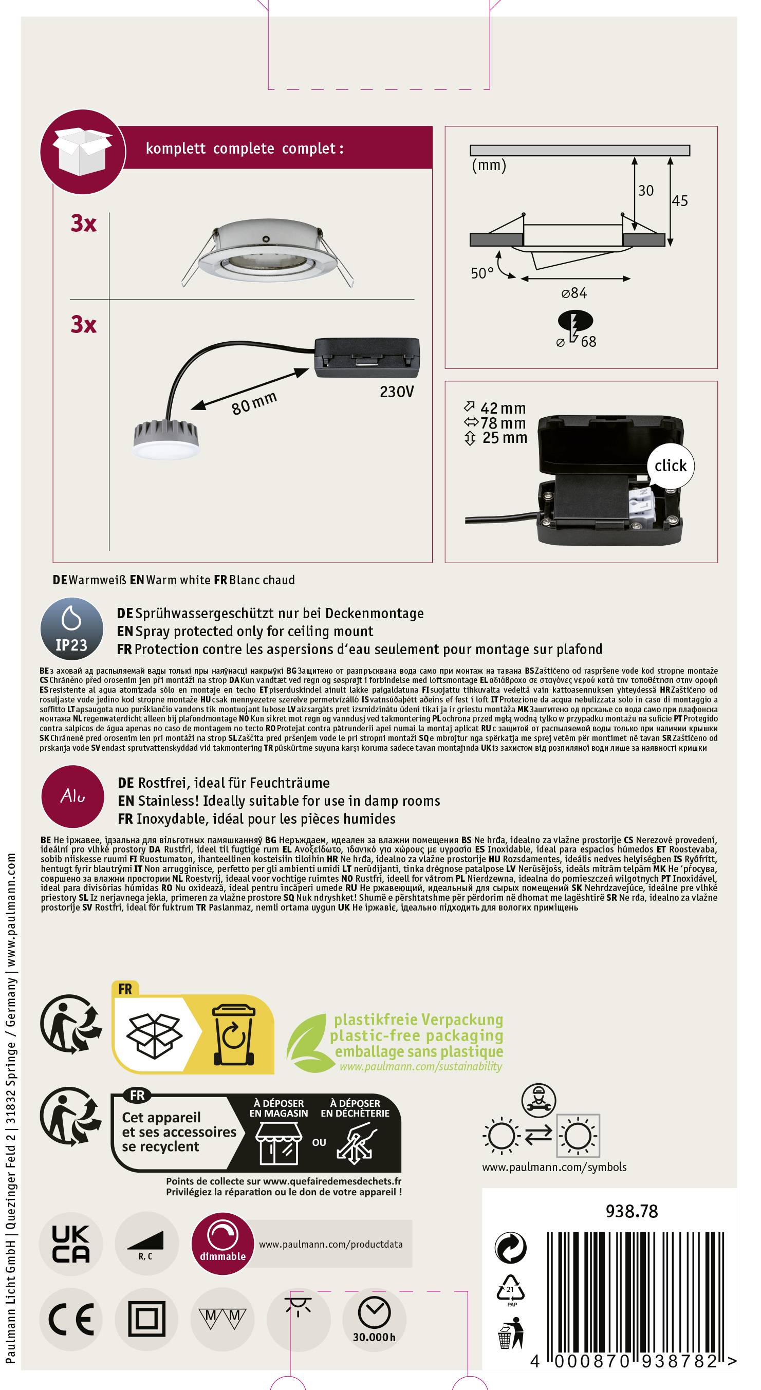Paulmann 93878 Coin Slim LED-Einbauleuchte 3er Set LED LED fest eingebaut 18 W Eisen (gebürstet)