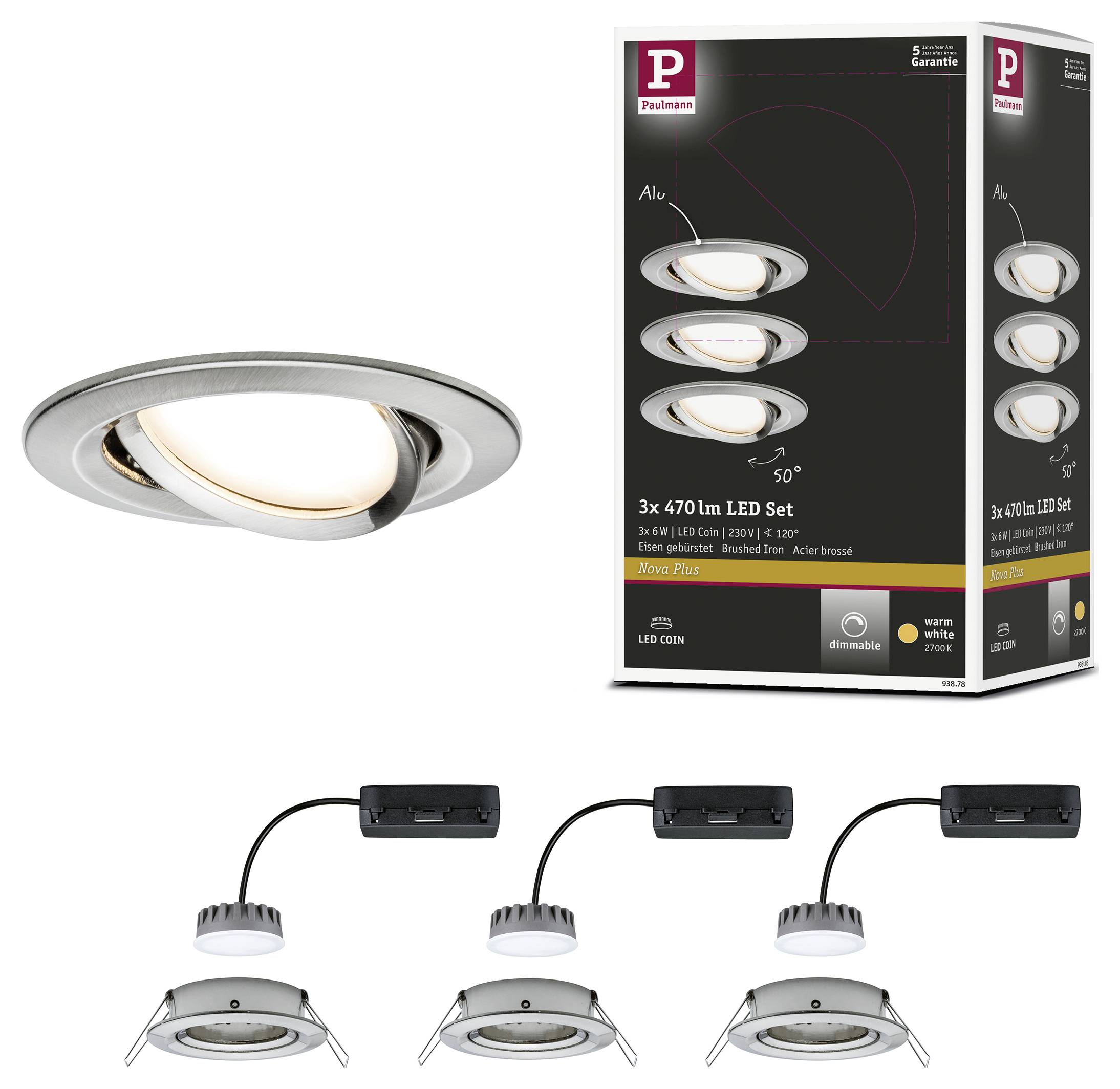 Paulmann 93878 Coin Slim LED-Einbauleuchte 3er Set LED LED fest eingebaut 18 W Eisen (gebürstet)