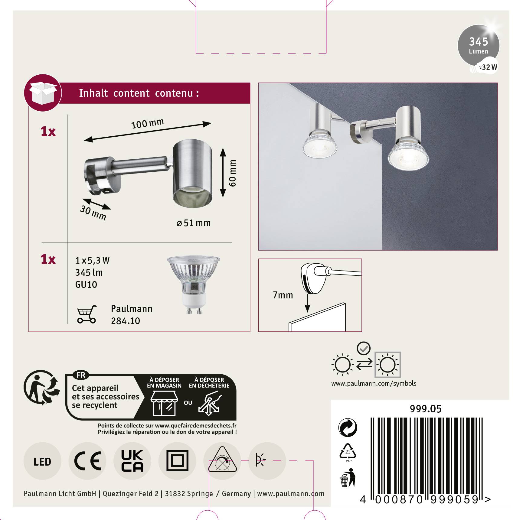 Paulmann Simplo 99905 Spiegelleuchte 5.3W Eisen (gebürstet)