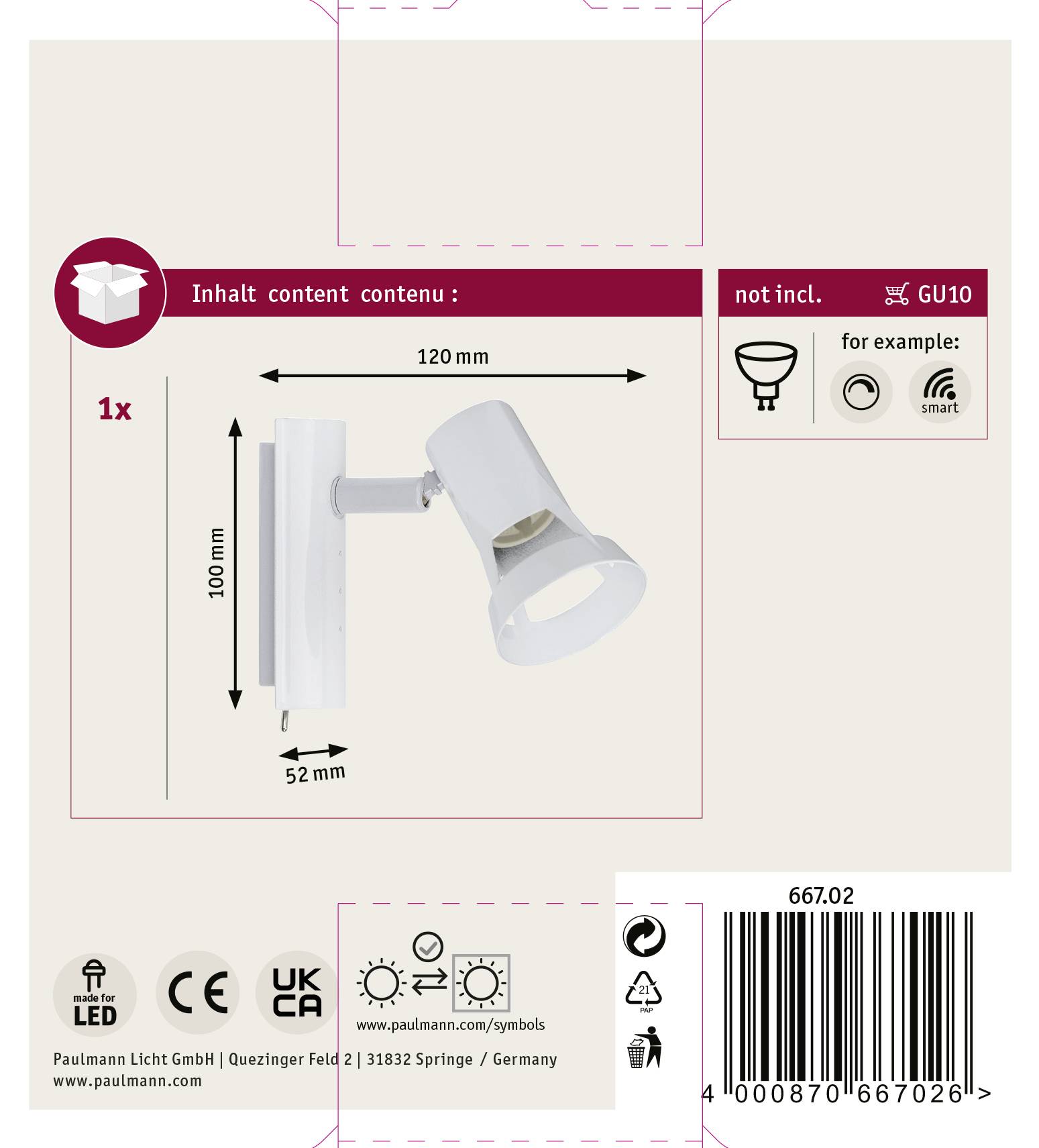 Paulmann Teja 66702 Wandstrahler GU10 10W LED Weiß