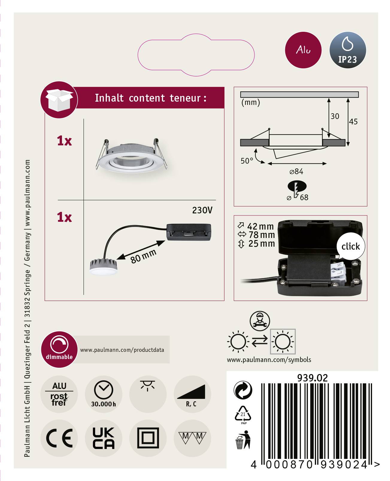 Paulmann 93902 Coin Slim LED-Einbauleuchte LED LED fest eingebaut 6 W Aluminium (gebürstet)