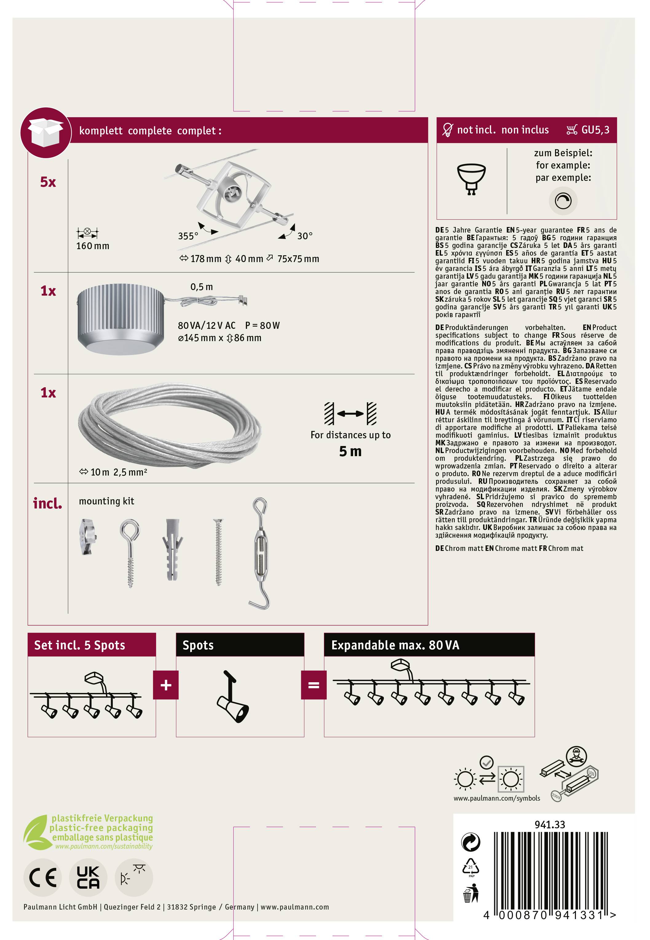 Eine Verpackung mit Anleitung zur Montage eines Lichtsystems. Enthält 5 Spots, ein Netzteil, 10m Kabel und Montagematerial. GU5.3 Lampen nicht enthalten.