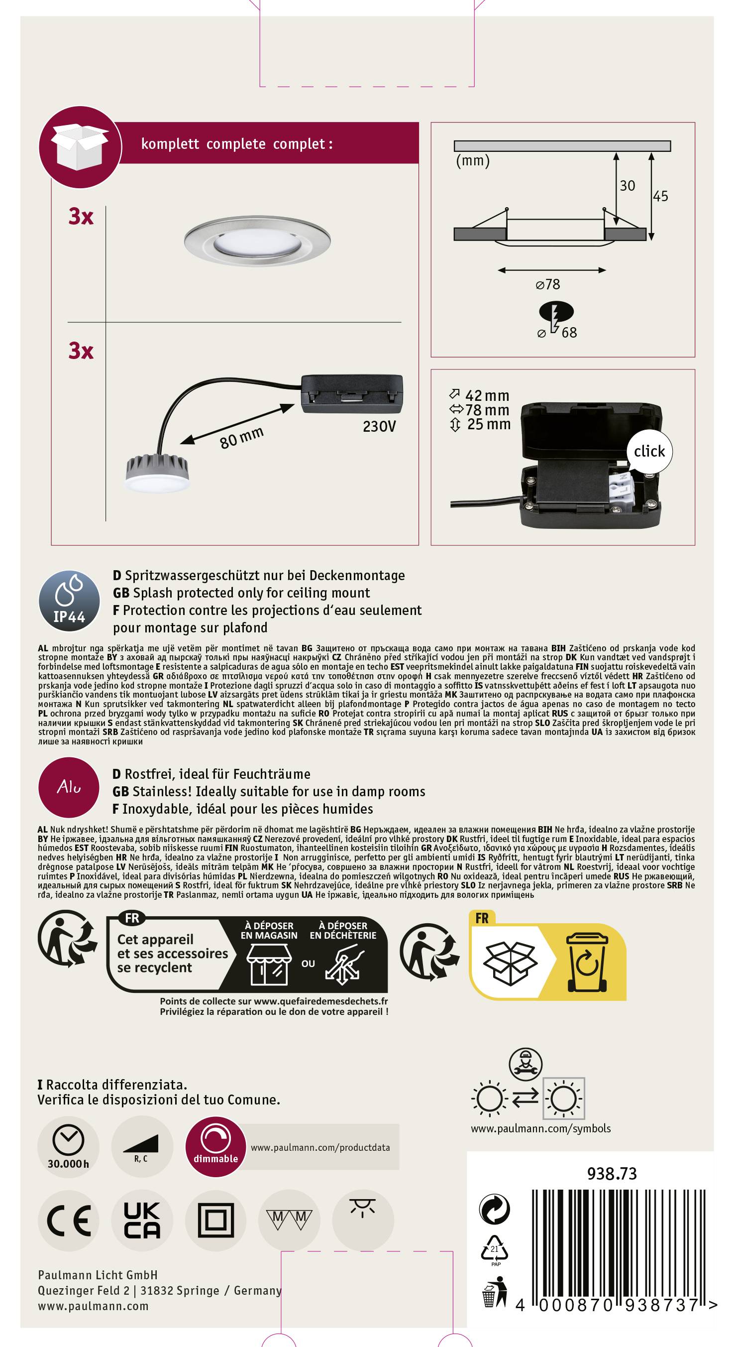 Paulmann Coin Slim LED-Bad-Einbauleuchte 3er Set 6W IP44 Eisen (gebürstet)