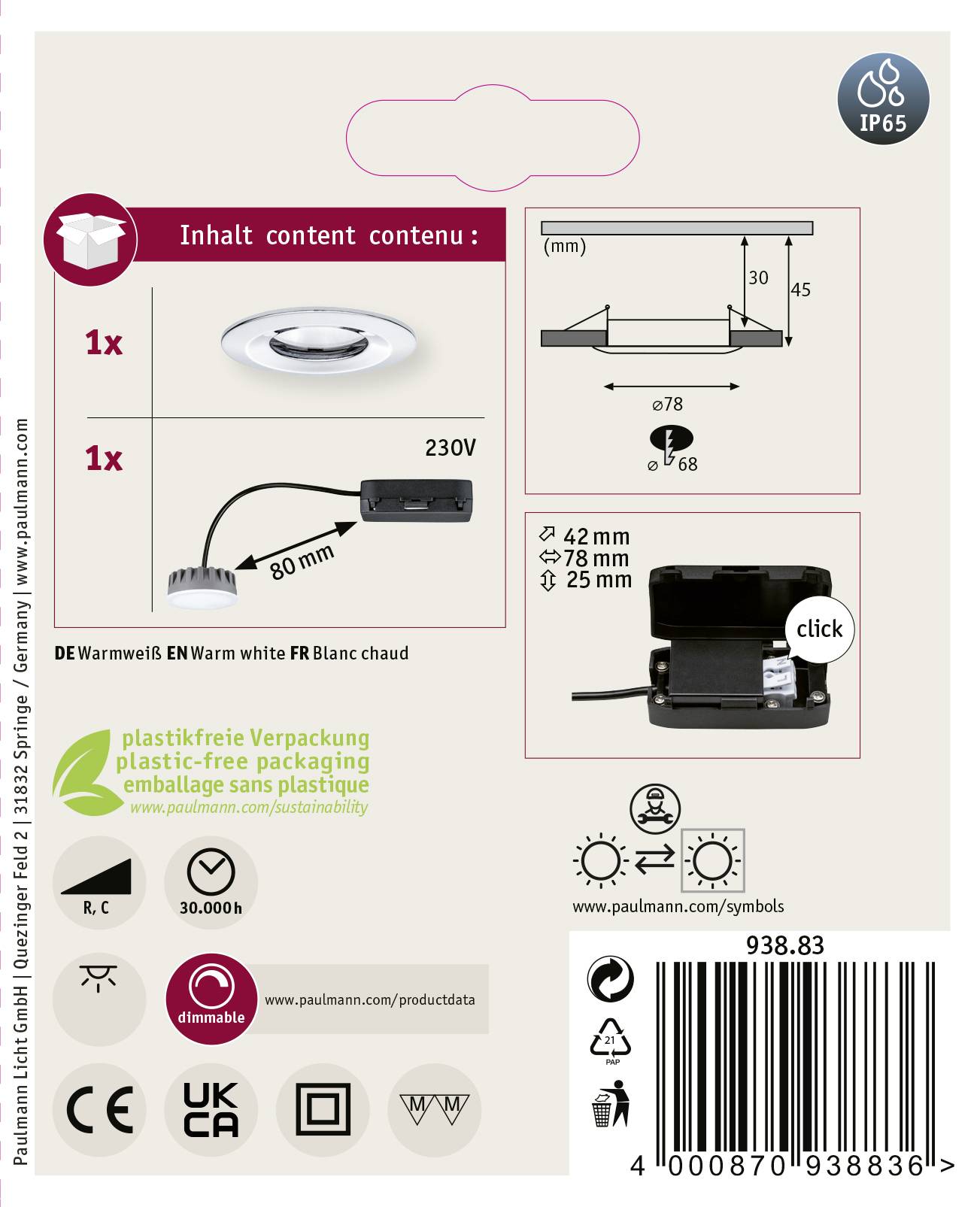Paulmann Coin Slim LED-Bad-Einbauleuchte 6W IP65 Chrom