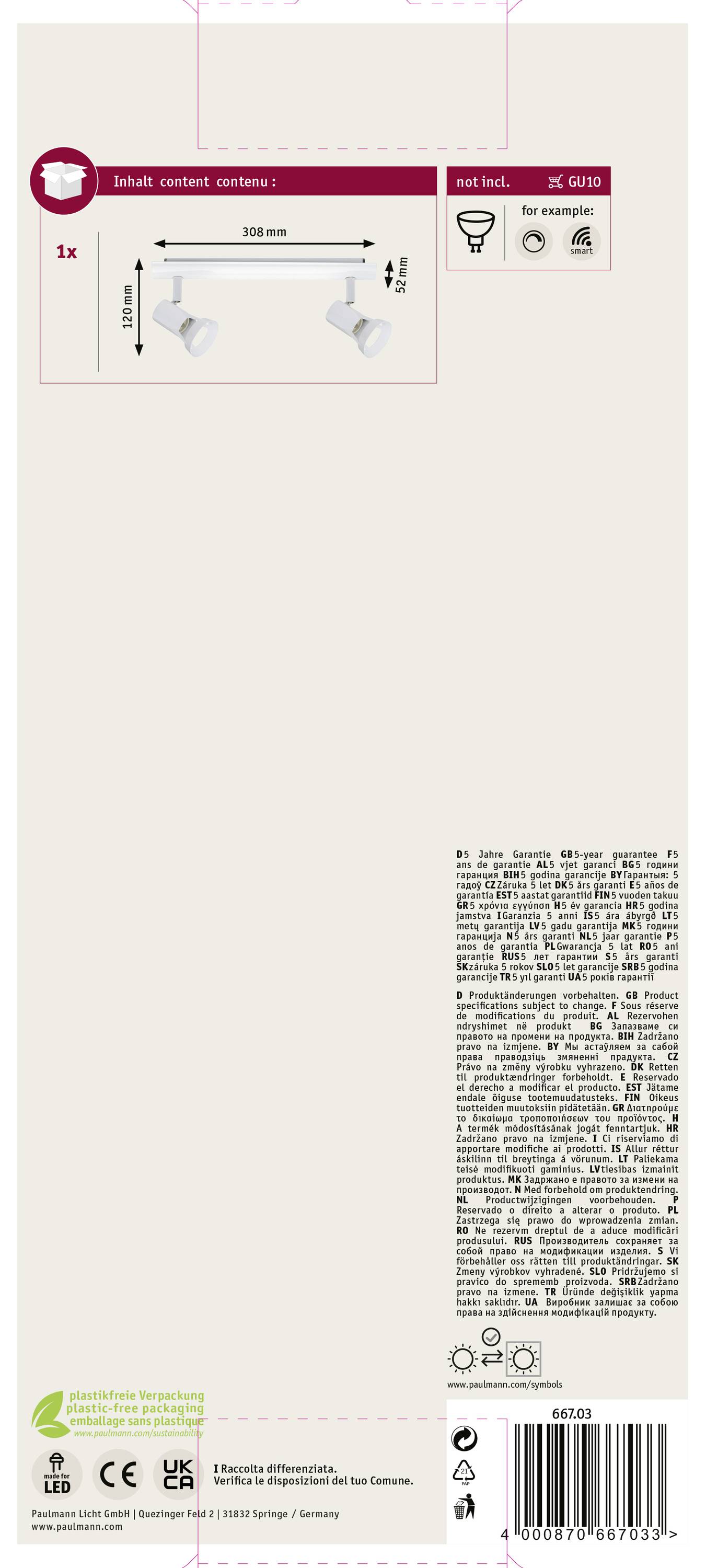 Paulmann Teja 66703 Deckenstrahler LED GU10 20W Weiß