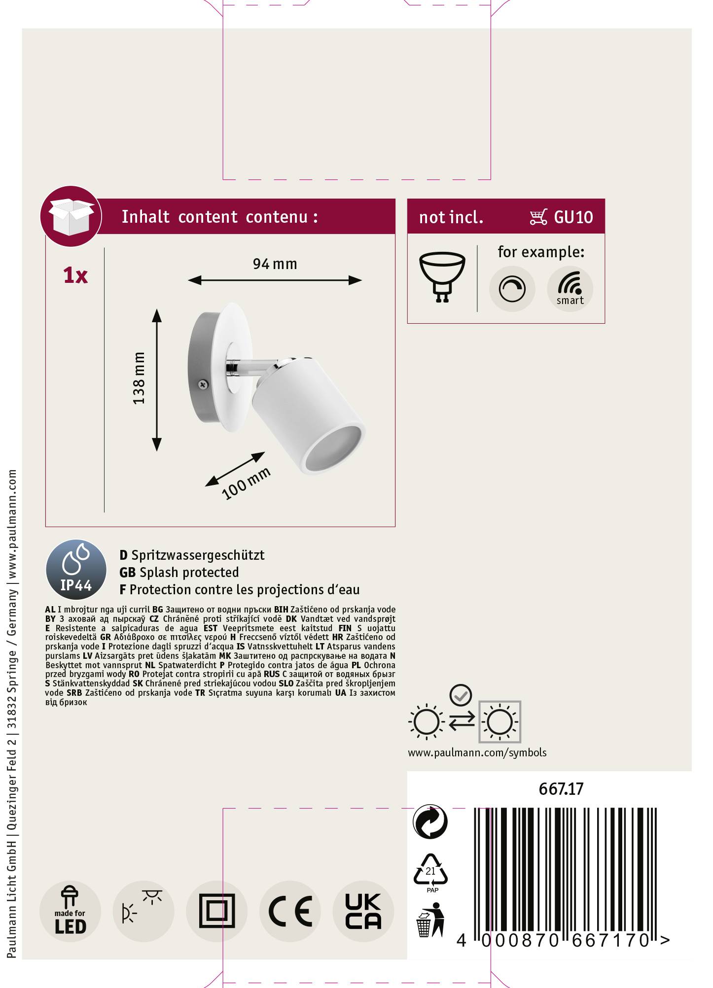 Paulmann Tube 66717 Bad-Wandleuchte 10W Weiß, Chrom