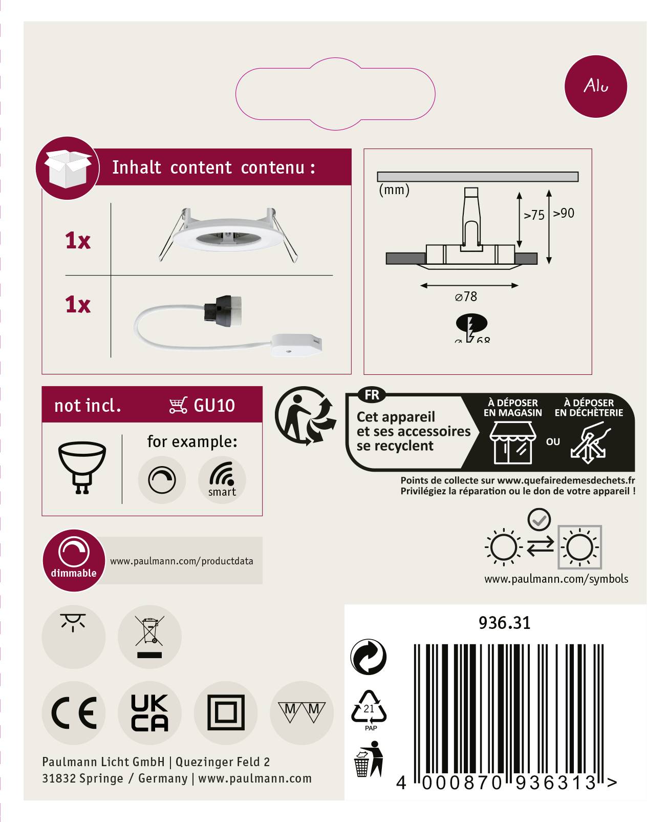 Paulmann 93631 Nova Einbauleuchte GU10 35W Weiß (matt)