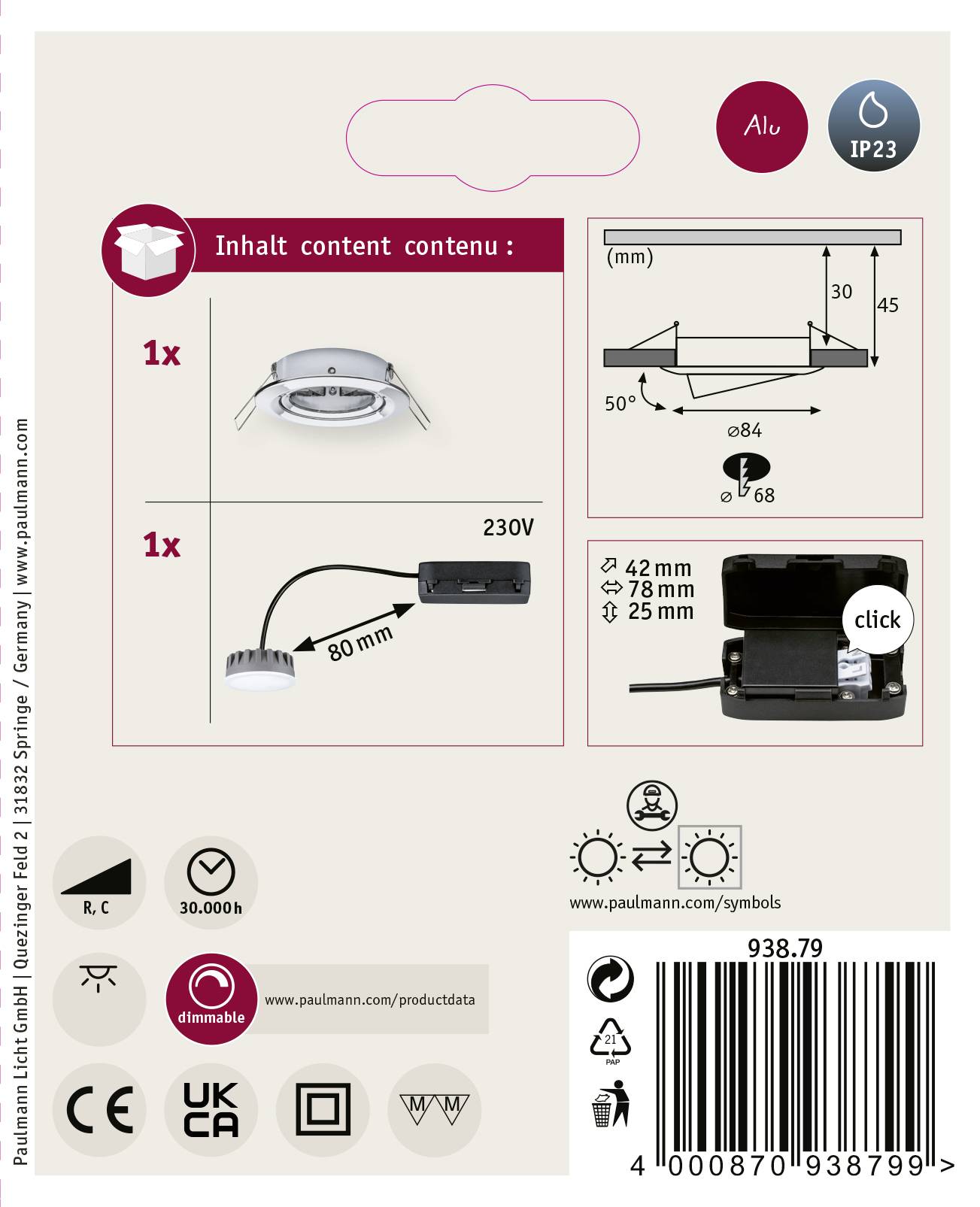 Paulmann 93879 Coin Slim LED-Einbauleuchte LED LED fest eingebaut 6W Chrom