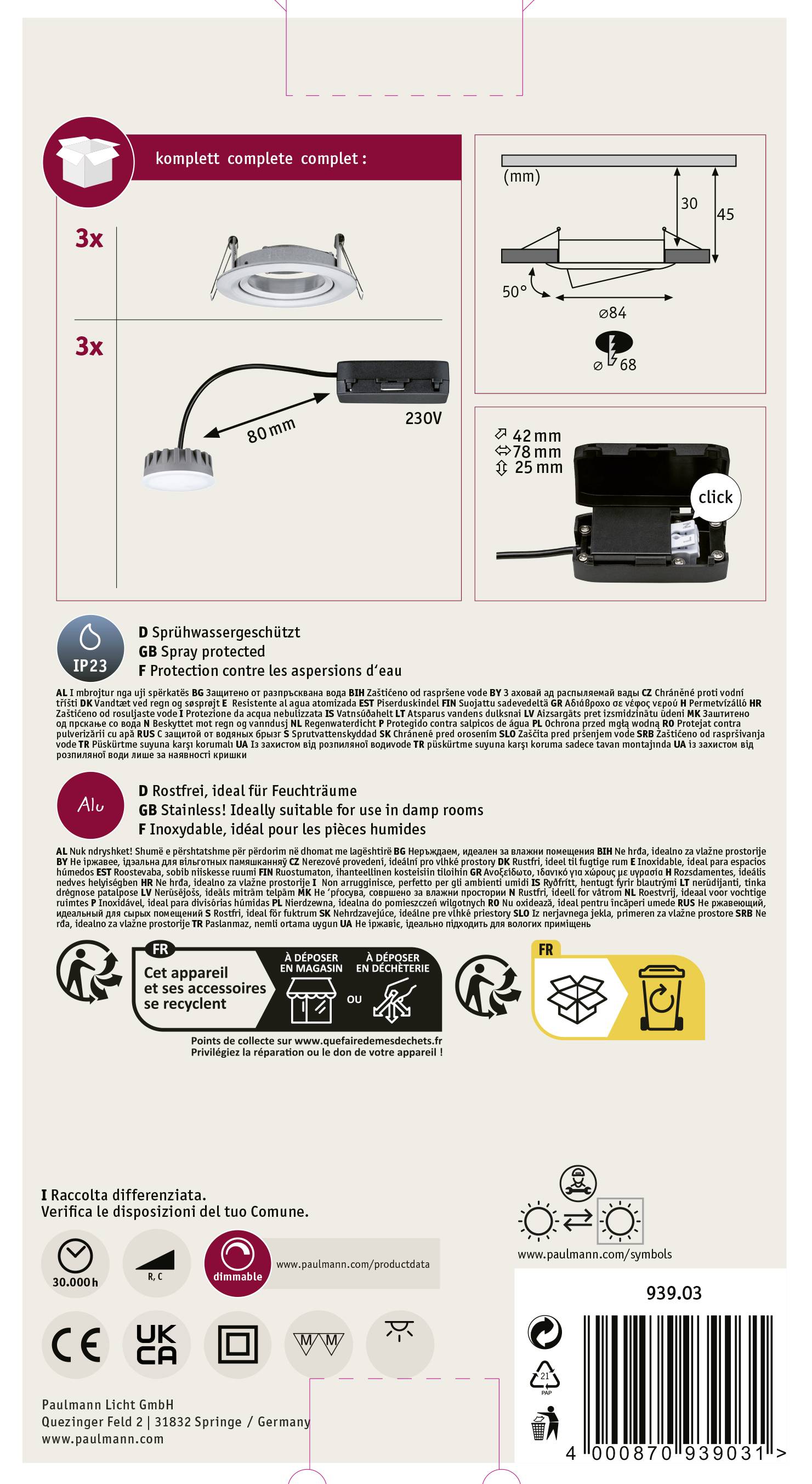 Paulmann 93903 Coin Slim LED-Einbauleuchte 3er Set LED LED fest eingebaut 18W Aluminium (gebürstet)