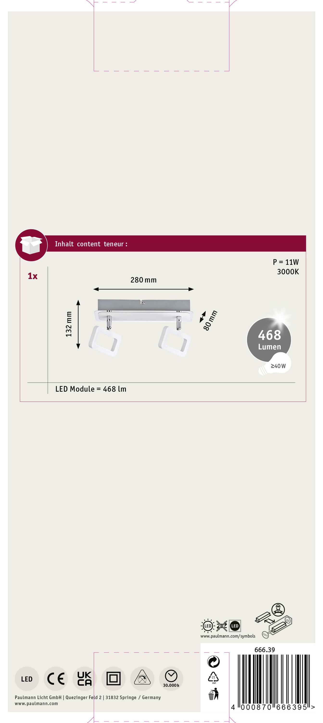 Paulmann Frame 66639 LED-Deckenstrahler 9W Weiß (matt), Chrom