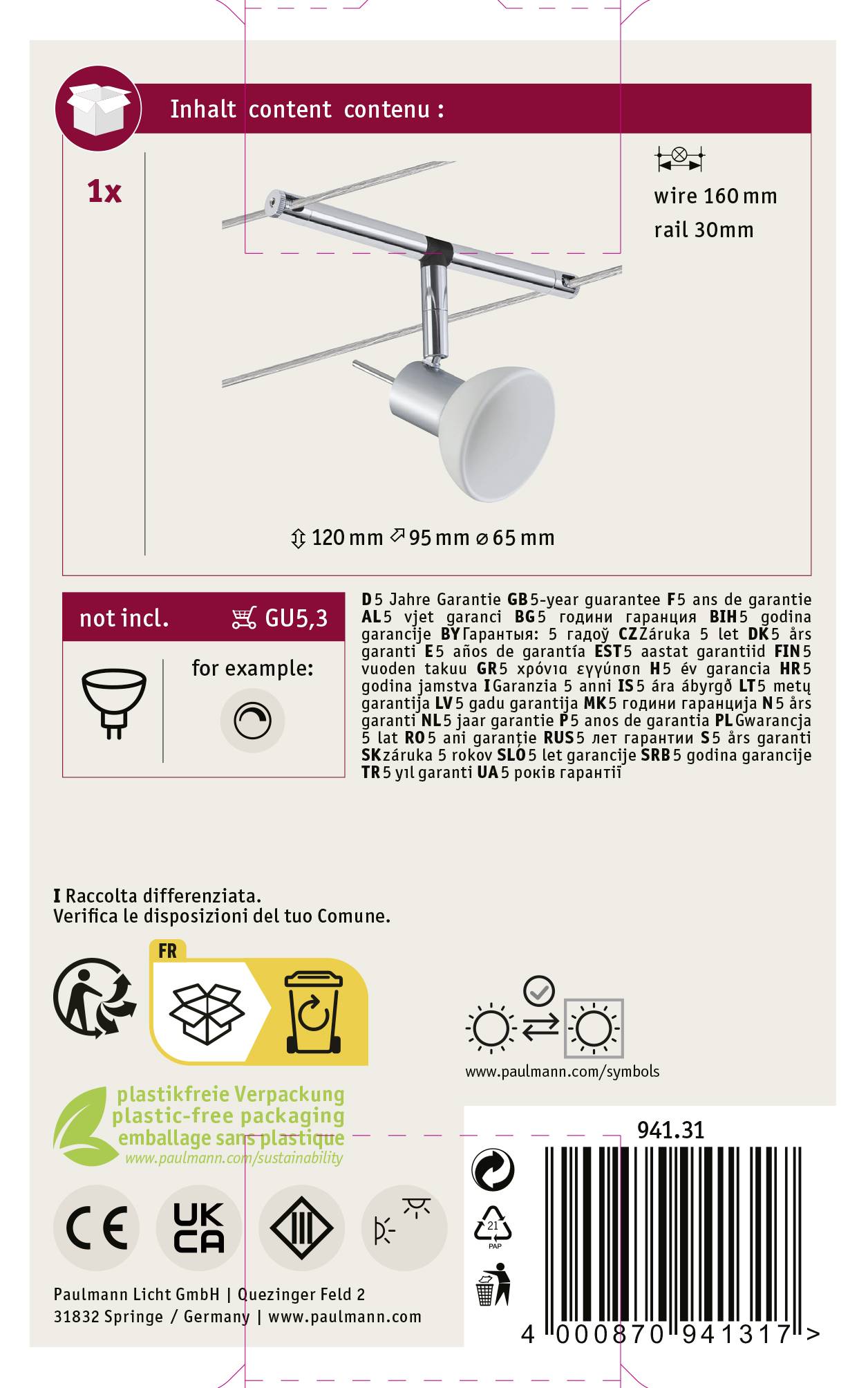 Paulmann Sheela Niedervolt-Seilsystem-Leuchte Universell GU5.3 10 W LED Chrom (matt), Opal