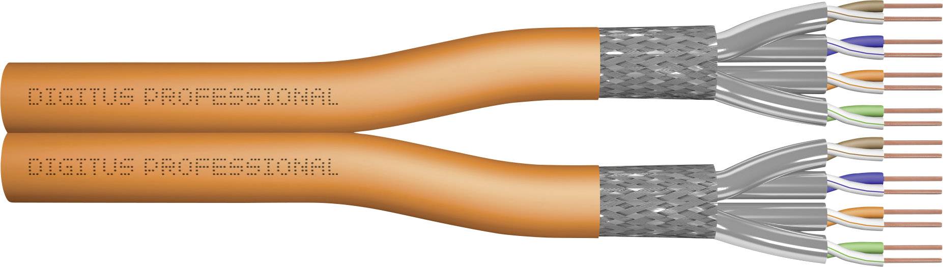 Zwei orange Netzwerk- oder Datenkabel mit mehrfach abgeschirmten Twisted-Pair-Drahtpaaren, gekennzeichnet mit 'Digitus Professional'.