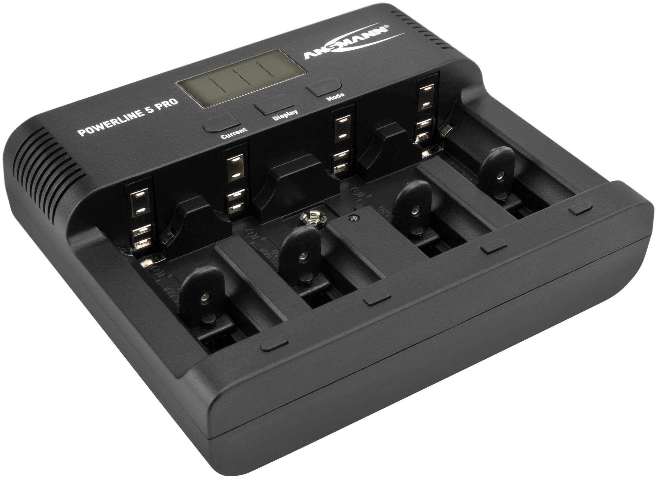 Ladegerät mit der Aufschrift 'POWERLINE 5 PRO', zeigt vier Ladeplätze für AA- oder AAA-Batterien. LCD-Display und Kontrolltasten sichtbar.