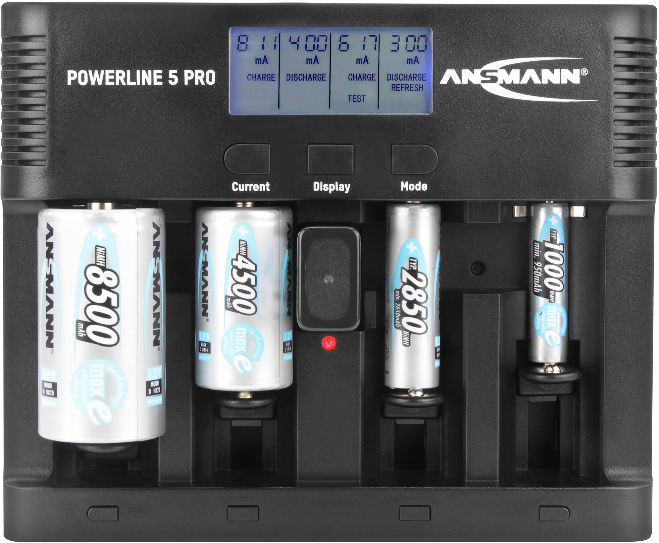 Ladegerät ANSMANN Powerline 5 Pro mit vier AA-Batterien auf LCD-Display. Verschiedene Lade- und Entlademodi.